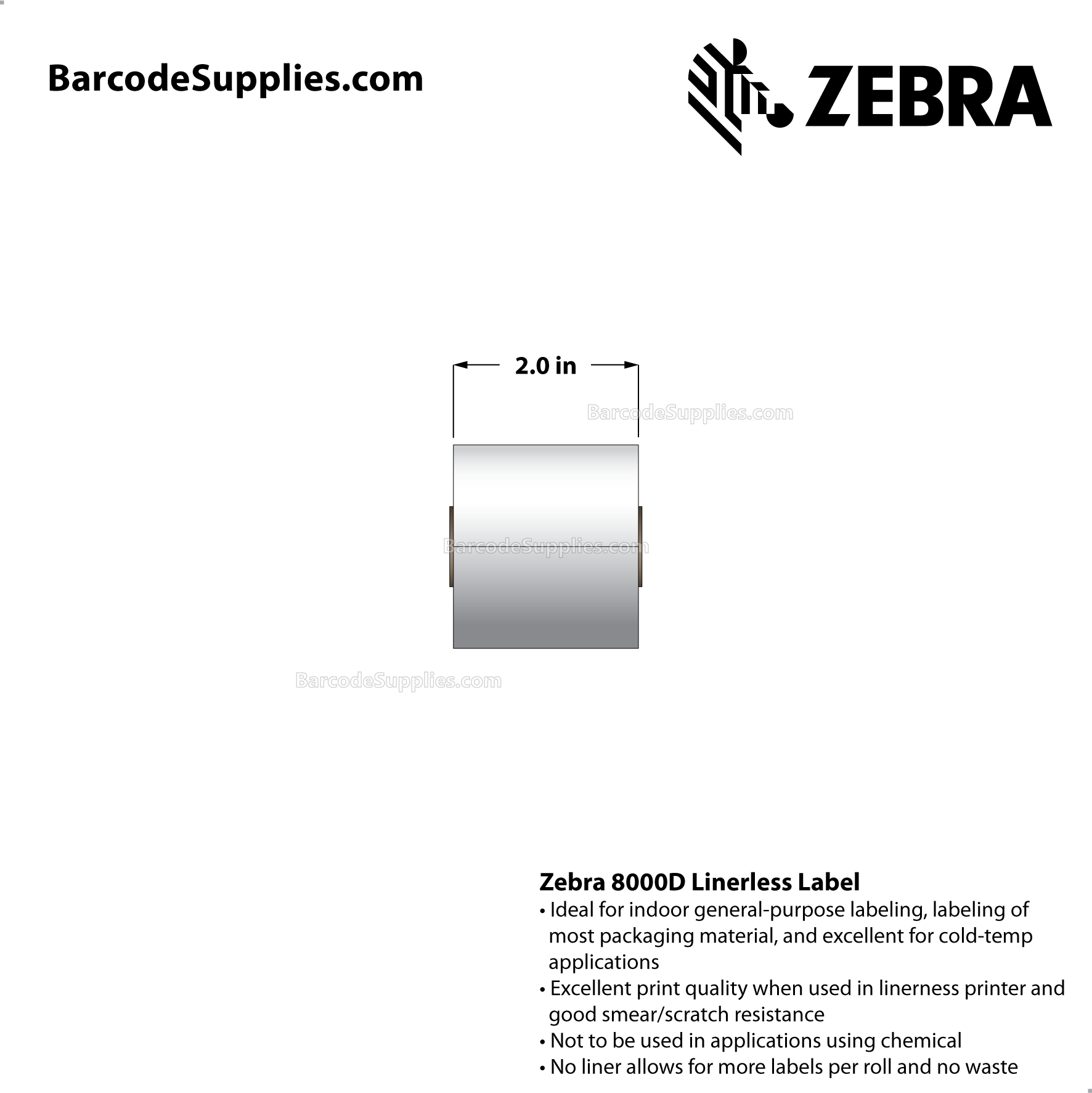 2 x 65' Direct Thermal White 8000D Linerless Labels With Permanent Adhesive - Requires linerless roller - Continuous - Labels Per Roll - Carton Of 36 Rolls - 0 Labels Total - MPN: LD-R2LS5W