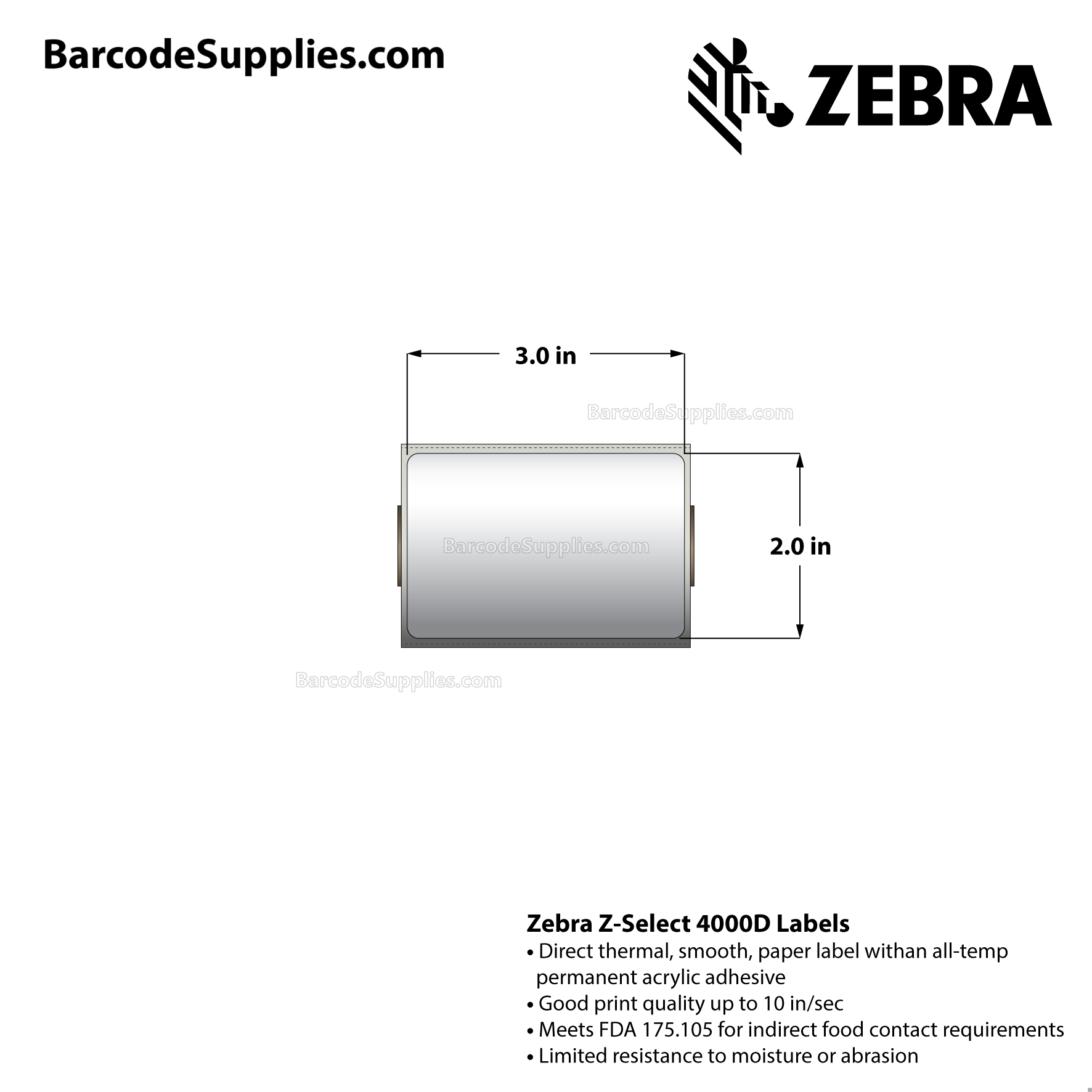 Products 3 x 2 Direct Thermal White Z-Select 4000D Labels With All-Temp Adhesive - Perforated - 210 Labels Per Roll - Carton Of 36 Rolls - 7560 Labels Total - MPN: 10001962