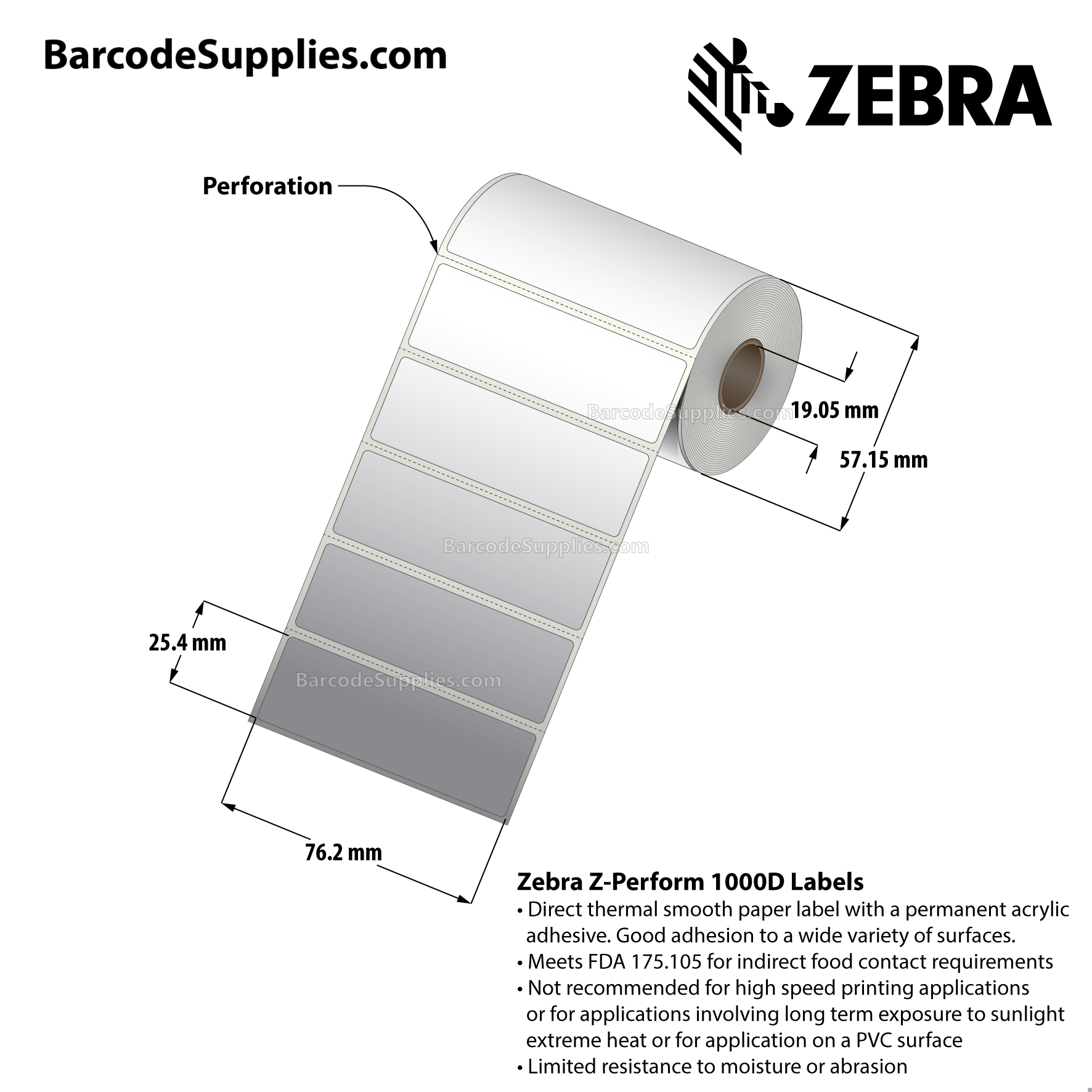 3 x 1 Direct Thermal White Z-Perform 1000D Labels With Permanent Adhesive - Perforated - 430 Labels Per Roll - Carton Of 36 Rolls - 15480 Labels Total - MPN: 10026369