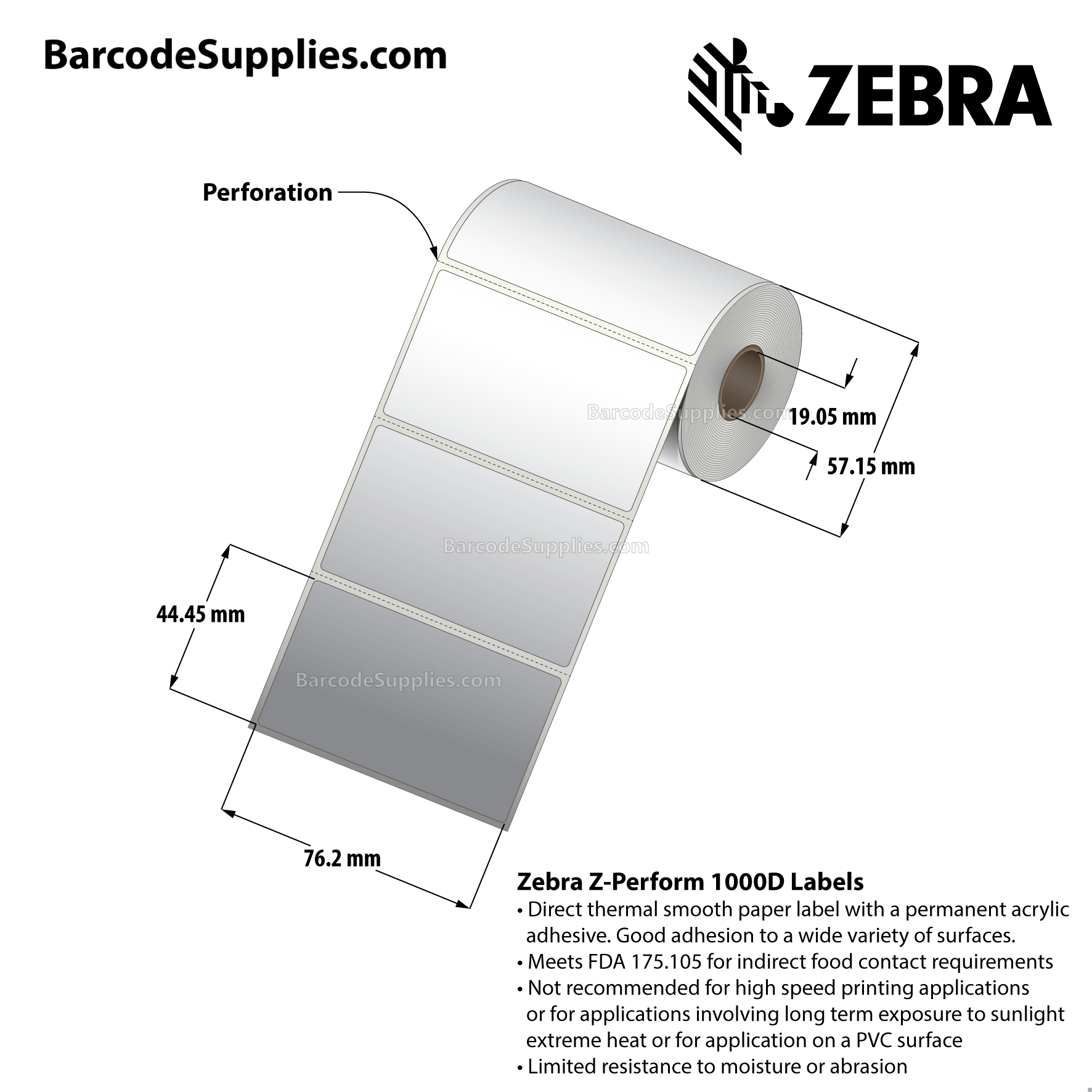 3 x 1.75 Direct Thermal White Z-Perform 1000D Labels With Permanent Adhesive - Perforated - 260 Labels Per Roll - Carton Of 36 Rolls - 9360 Labels Total - MPN: 10026371