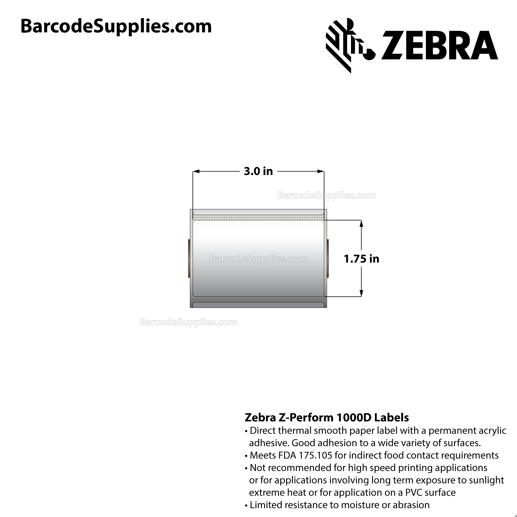 3 x 1.75 Direct Thermal White Z-Perform 1000D Labels With Permanent Adhesive - Perforated - 260 Labels Per Roll - Carton Of 36 Rolls - 9360 Labels Total - MPN: 10026371