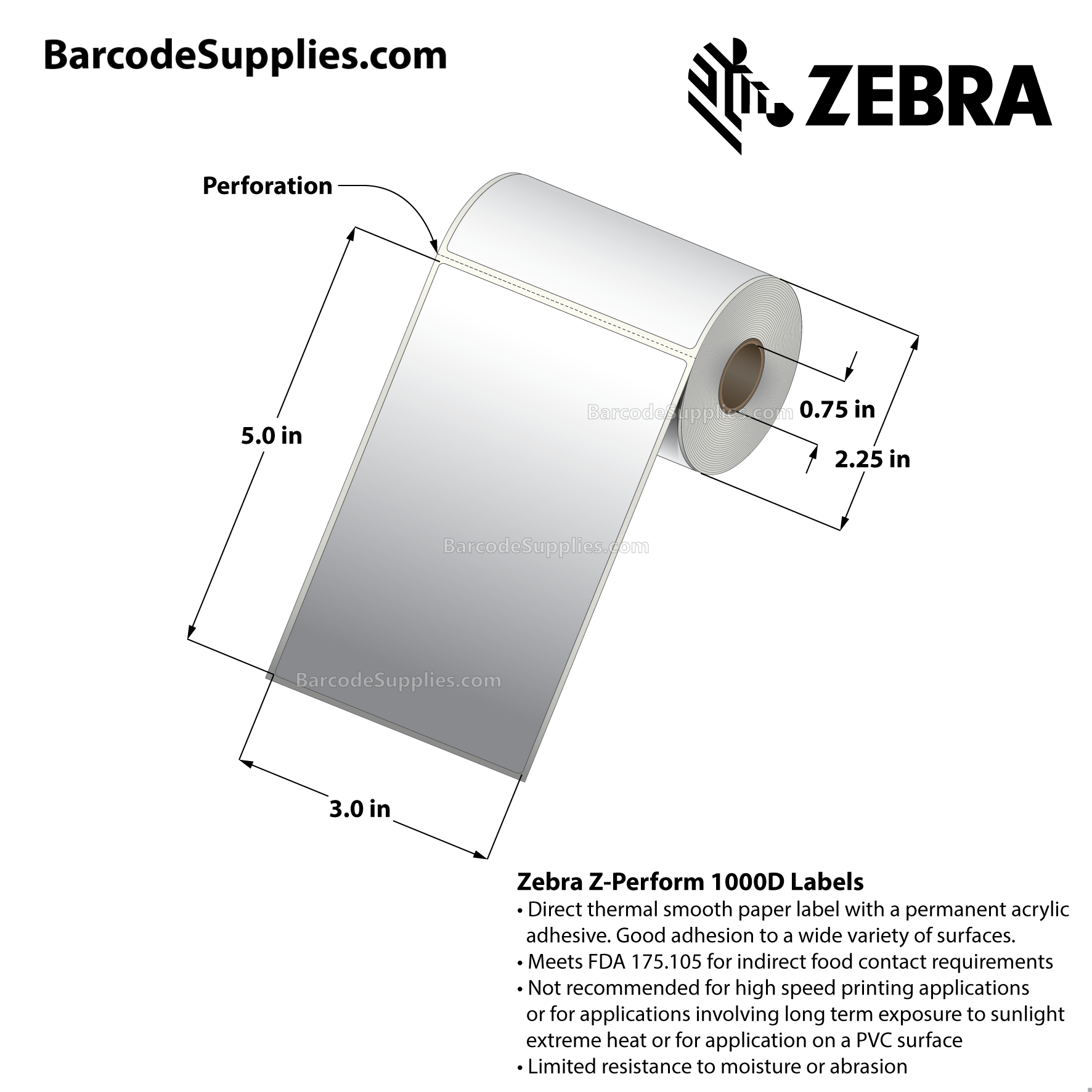 3 x 5 Direct Thermal White Z-Perform 1000D Labels With Permanent Adhesive - Perforated - 95 Labels Per Roll - Carton Of 36 Rolls - 3420 Labels Total - MPN: 10026370
