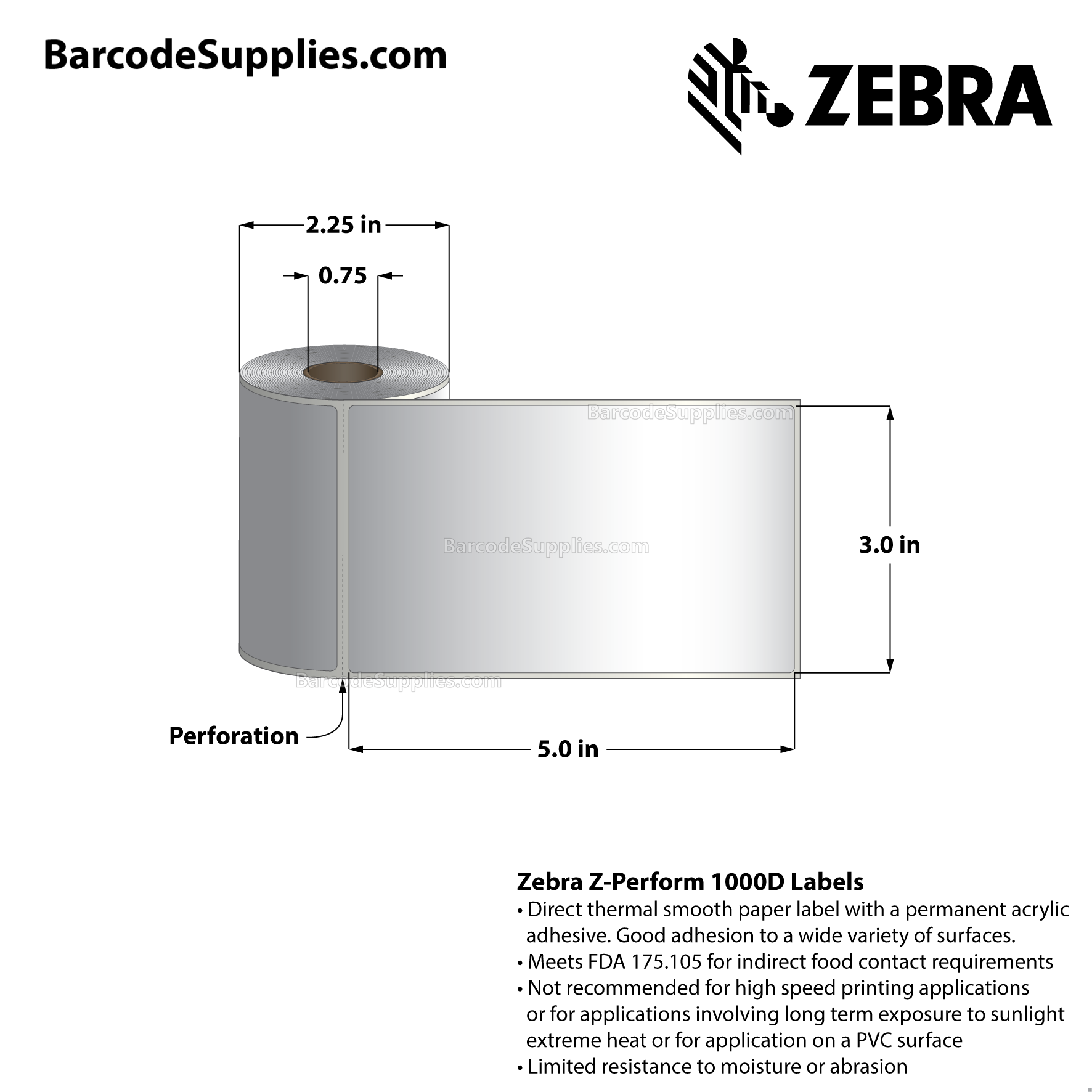3 x 5 Direct Thermal White Z-Perform 1000D Labels With Permanent Adhesive - Perforated - 95 Labels Per Roll - Carton Of 36 Rolls - 3420 Labels Total - MPN: 10026370