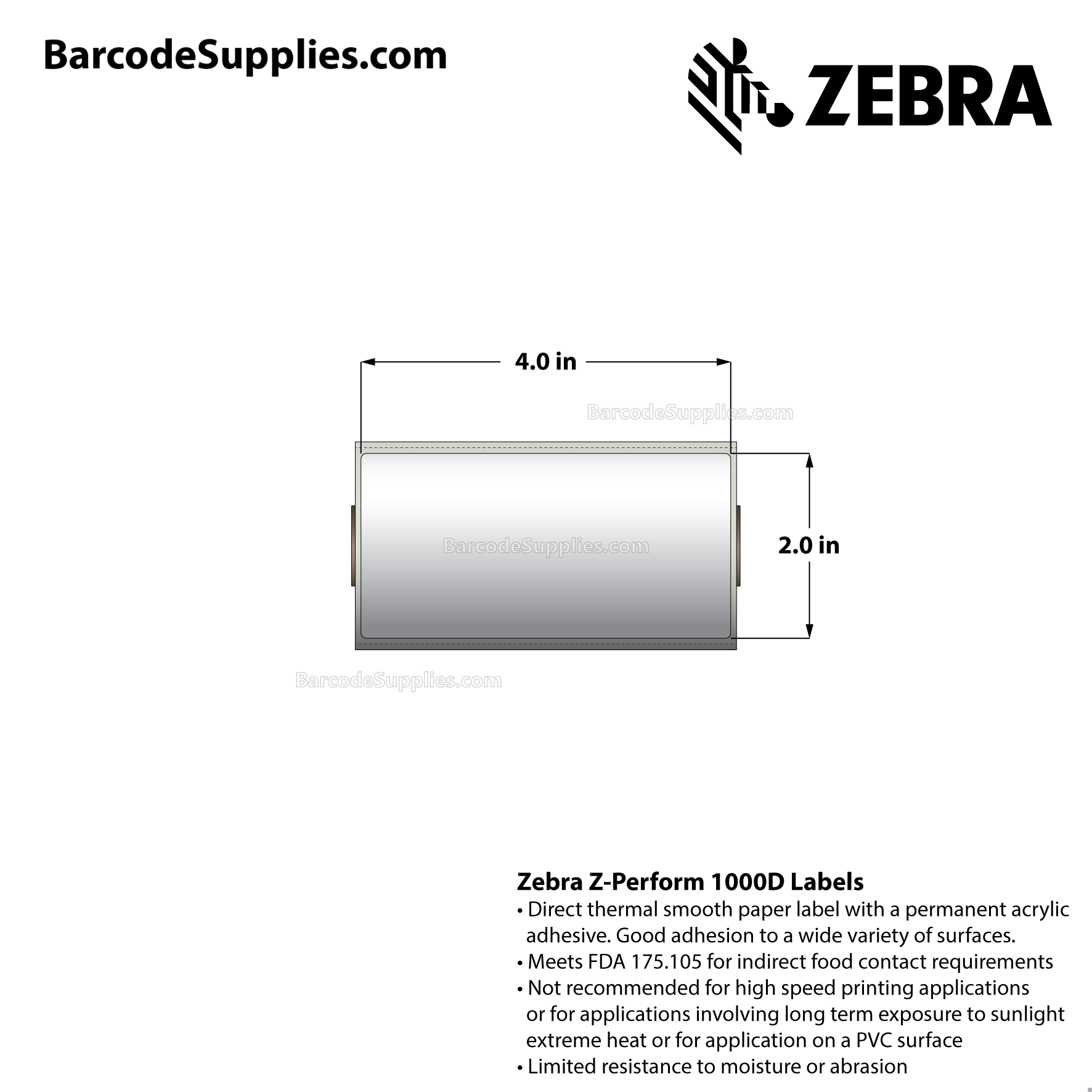 4 x 2 Direct Thermal White Z-Perform 1000D Labels With Permanent Adhesive - Perforated - 230 Labels Per Roll - Carton Of 36 Rolls - 8280 Labels Total - MPN: 10026372