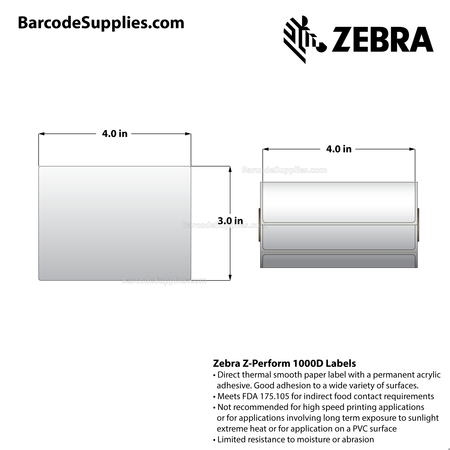 4 x 3 Direct Thermal White Z-Perform 1000D Labels With Permanent Adhesive - Perforated - 155 Labels Per Roll - Carton Of 36 Rolls - 5580 Labels Total - MPN: 10026373