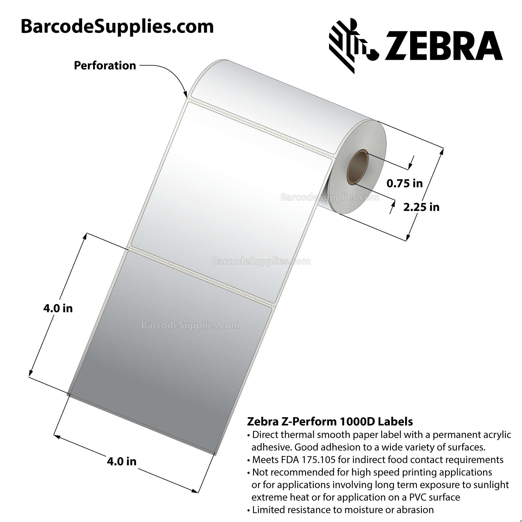 4 x 4 Direct Thermal White Z-Perform 1000D Labels With Permanent Adhesive - Perforated - 120 Labels Per Roll - Carton Of 36 Rolls - 4320 Labels Total - MPN: 10026374