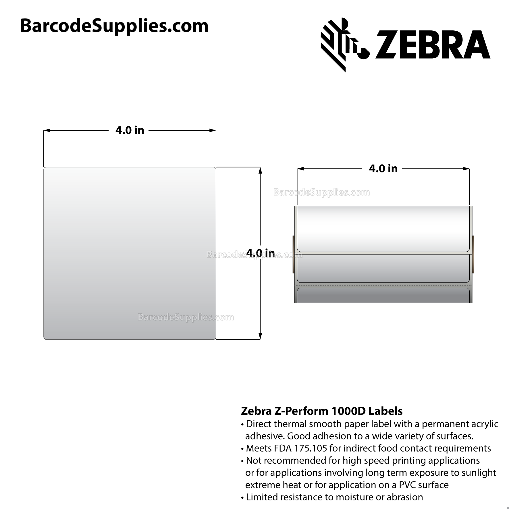 4 x 4 Direct Thermal White Z-Perform 1000D Labels With Permanent Adhesive - Perforated - 120 Labels Per Roll - Carton Of 36 Rolls - 4320 Labels Total - MPN: 10026374