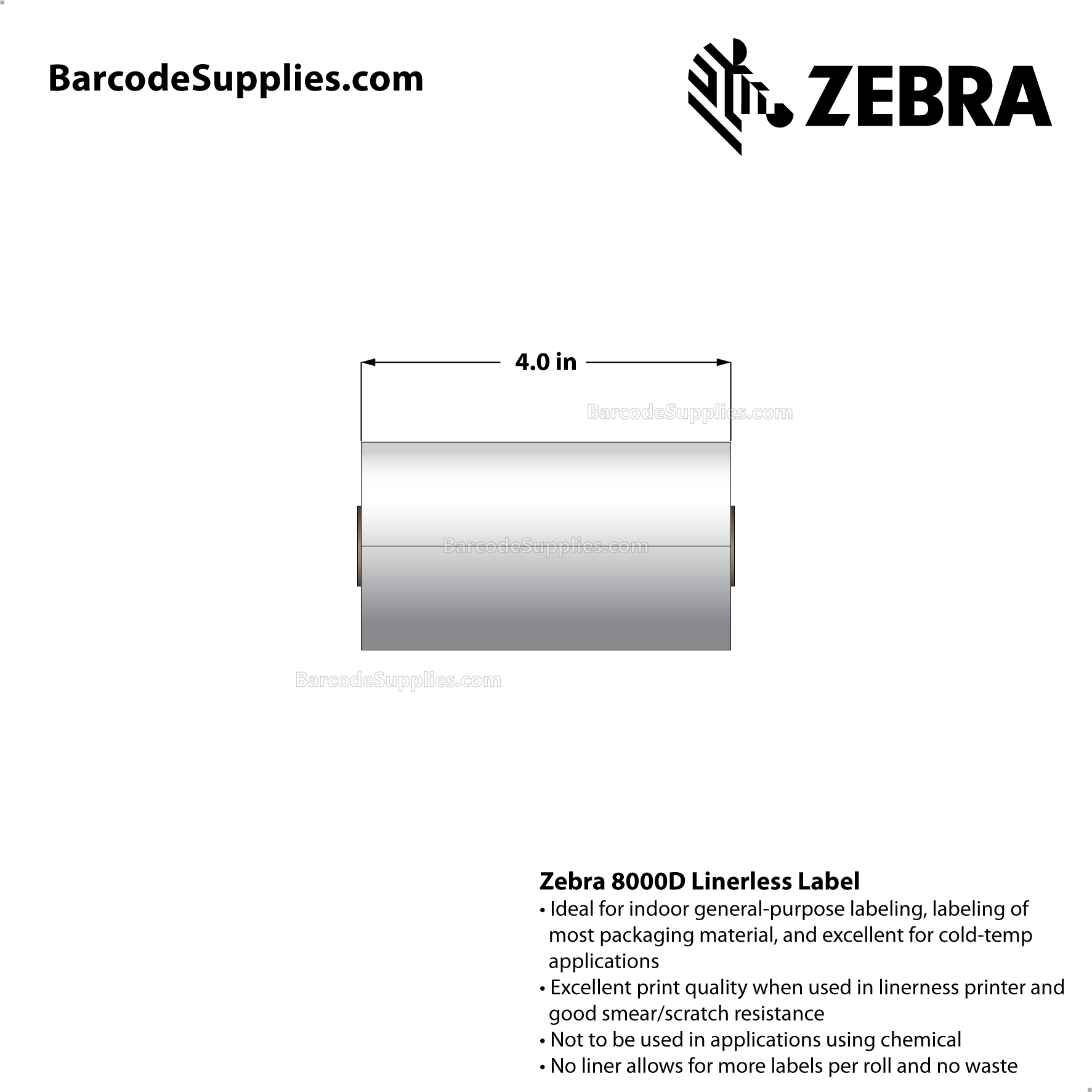 4 x 56' Direct Thermal White 8000D Linerless Labels With Permanent Adhesive - Requires linerless roller - Continuous - Labels Per Roll - Carton Of 36 Rolls - 0 Labels Total - MPN: 10024006