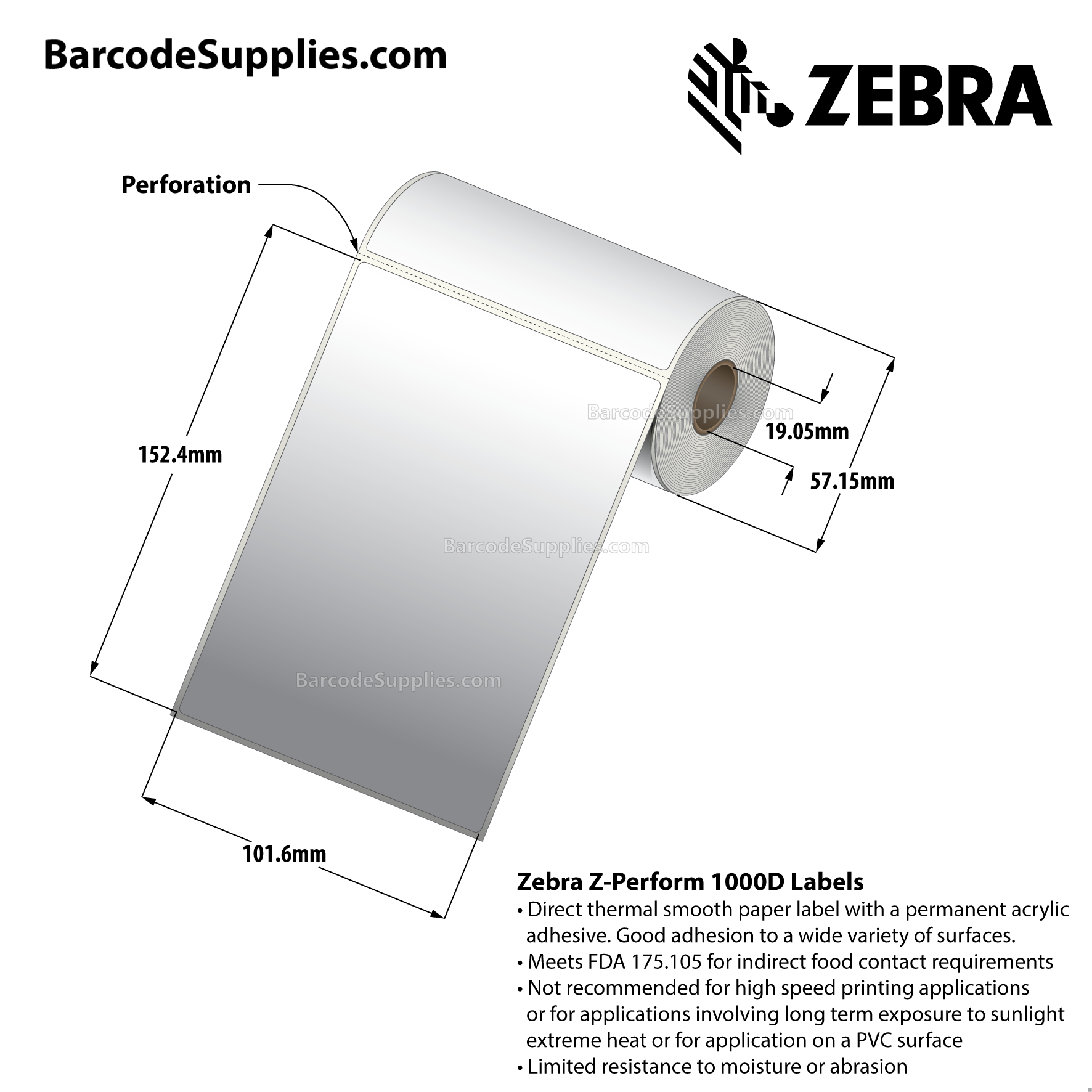 4 x 6 Direct Thermal White Z-Perform 1000D Labels With Permanent Adhesive - Perforated - 75 Labels Per Roll - Carton Of 36 Rolls - 2700 Labels Total - MPN: 10023377