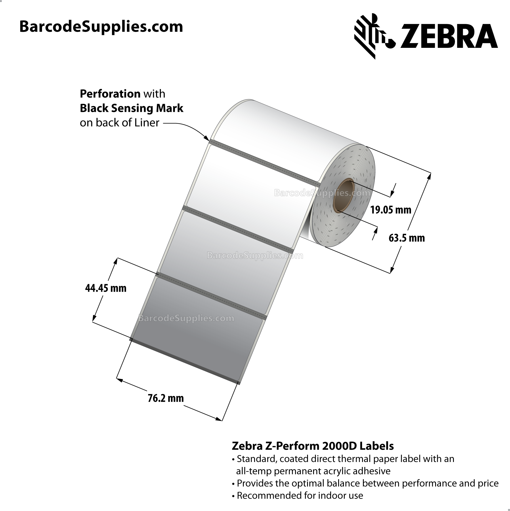 3 x 1.75 Direct Thermal White Z-Perform 2000D Labels With All-Temp Adhesive - Black mark sensing - Perforated - 350 Labels Per Roll - Carton Of 36 Rolls - 12600 Labels Total - MPN: LD-R3AT5F