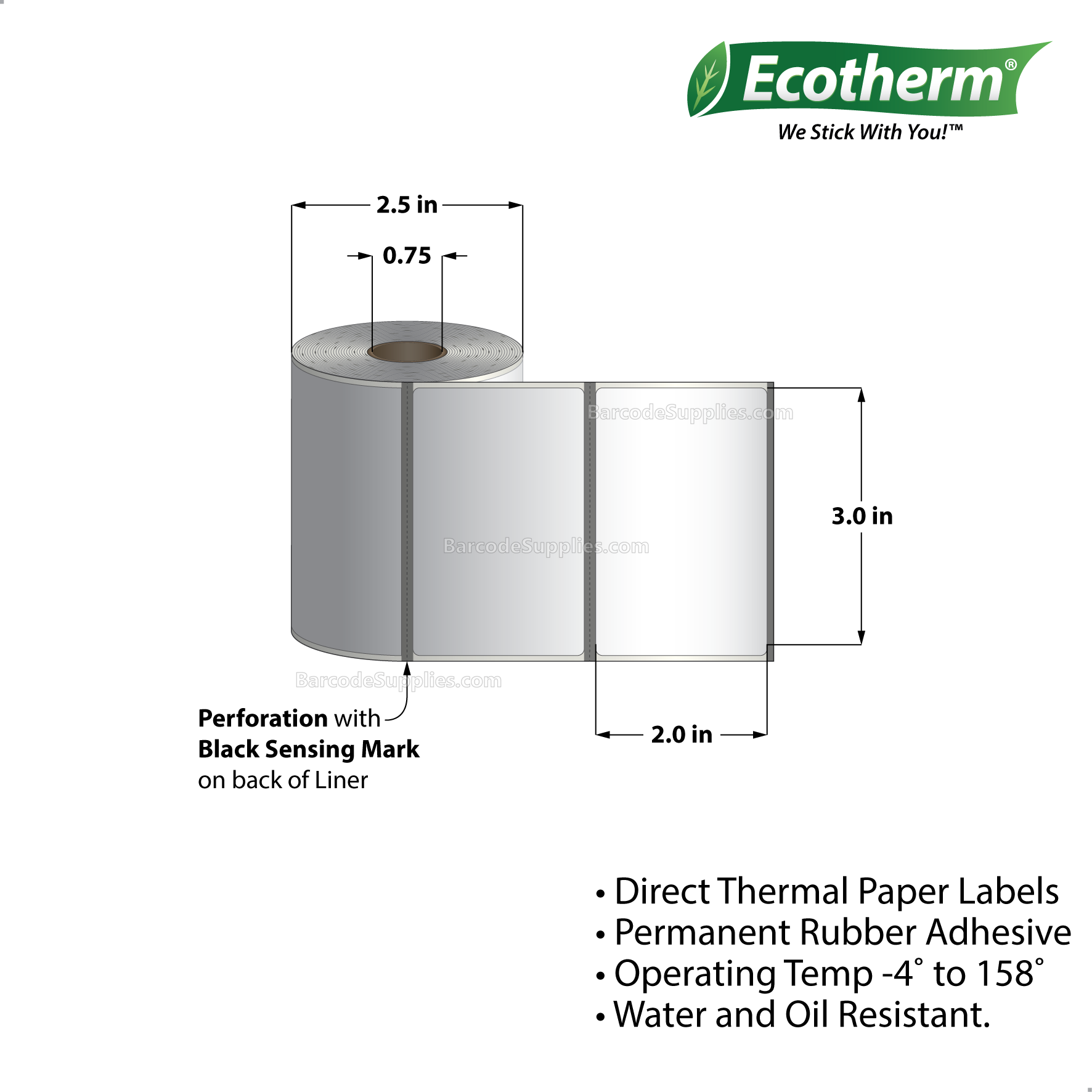 3 x 2 Direct Thermal White Labels With Rubber Adhesive - Perforated - 210 Labels Per Roll - Carton Of 25 Rolls - 5250 Labels Total - MPN: ECOTHERM13110-25