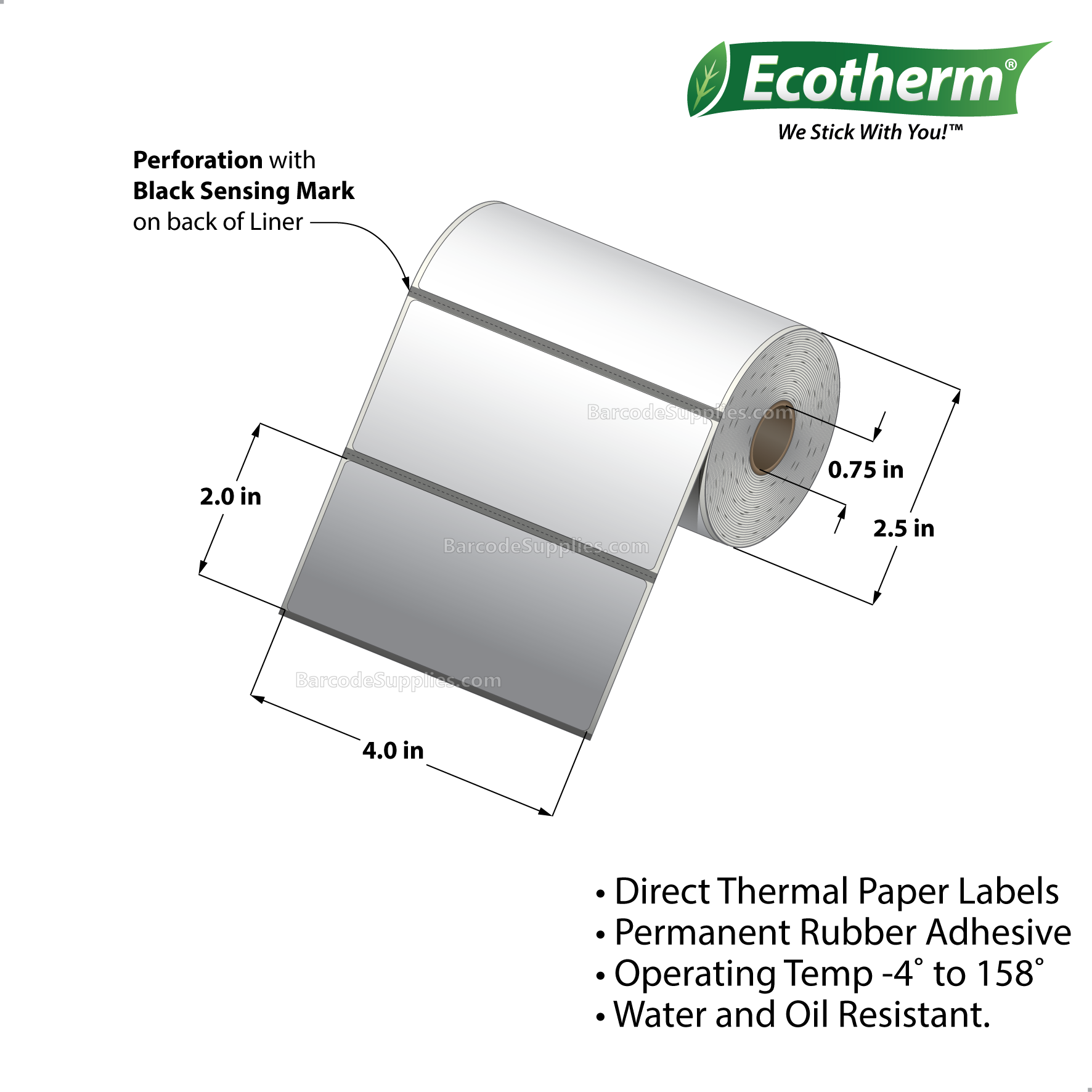 4 x 2 Direct Thermal White Labels With Rubber Adhesive - Perforated - 300 Labels Per Roll - Carton Of 25 Rolls - 7500 Labels Total - MPN: ECOTHERM13111-25
