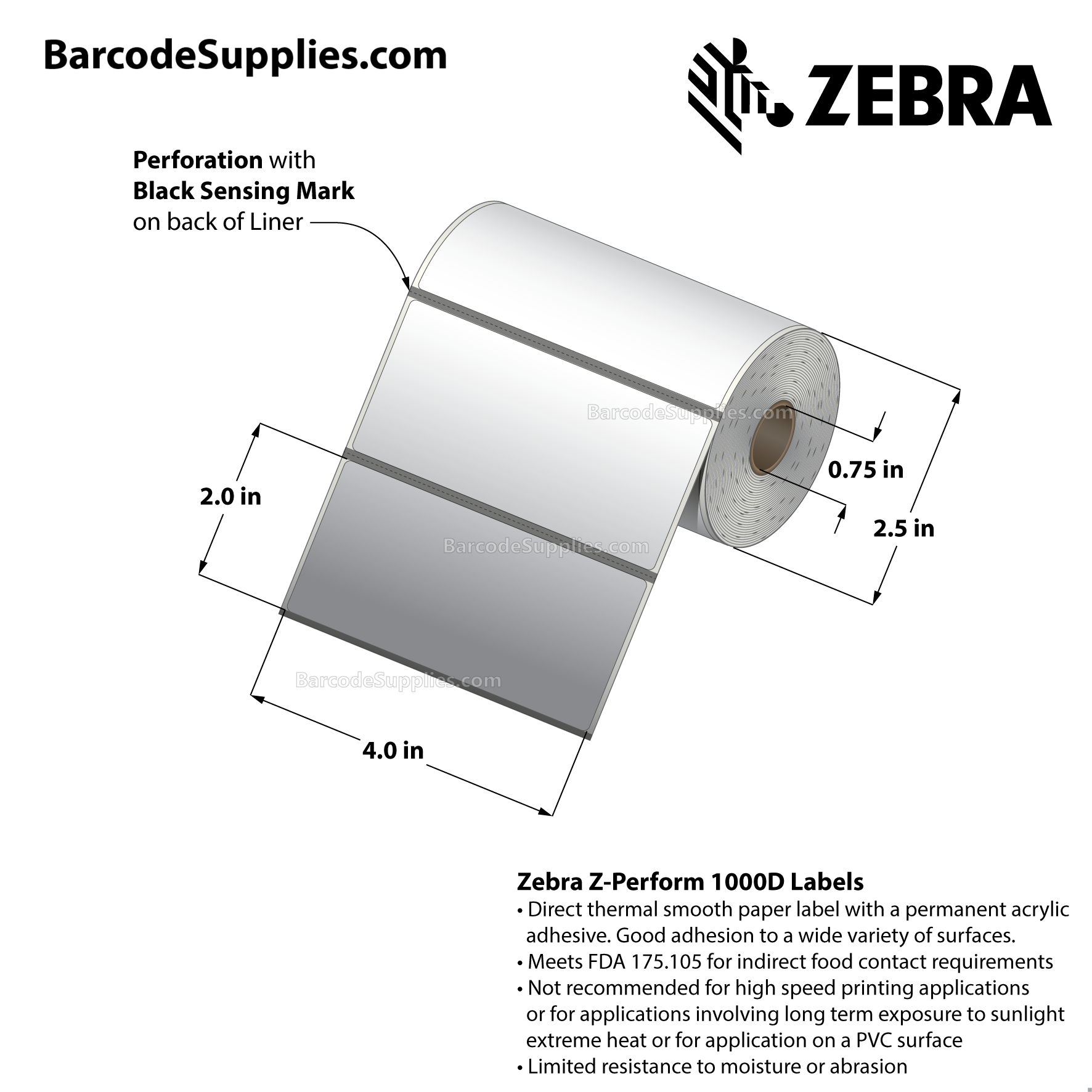 4 x 2 Direct Thermal White Z-Perform 1000D Labels With Permanent Adhesive - Black mark sensing - Perforated - 300 Labels Per Roll - Carton Of 36 Rolls - 10800 Labels Total - MPN: LD-R2AQ5J