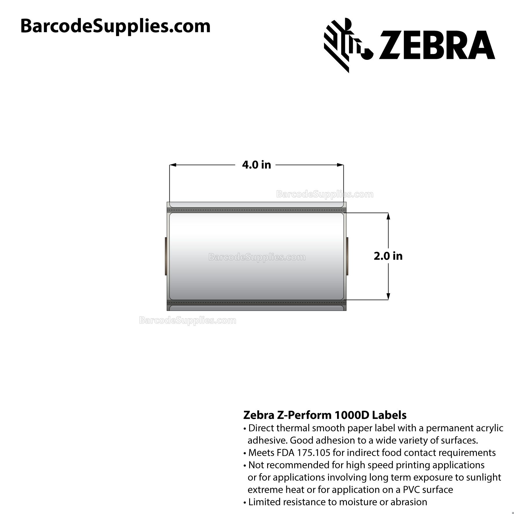 4 x 2 Direct Thermal White Z-Perform 1000D Labels With Permanent Adhesive - Black mark sensing - Perforated - 300 Labels Per Roll - Carton Of 36 Rolls - 10800 Labels Total - MPN: LD-R2AQ5J