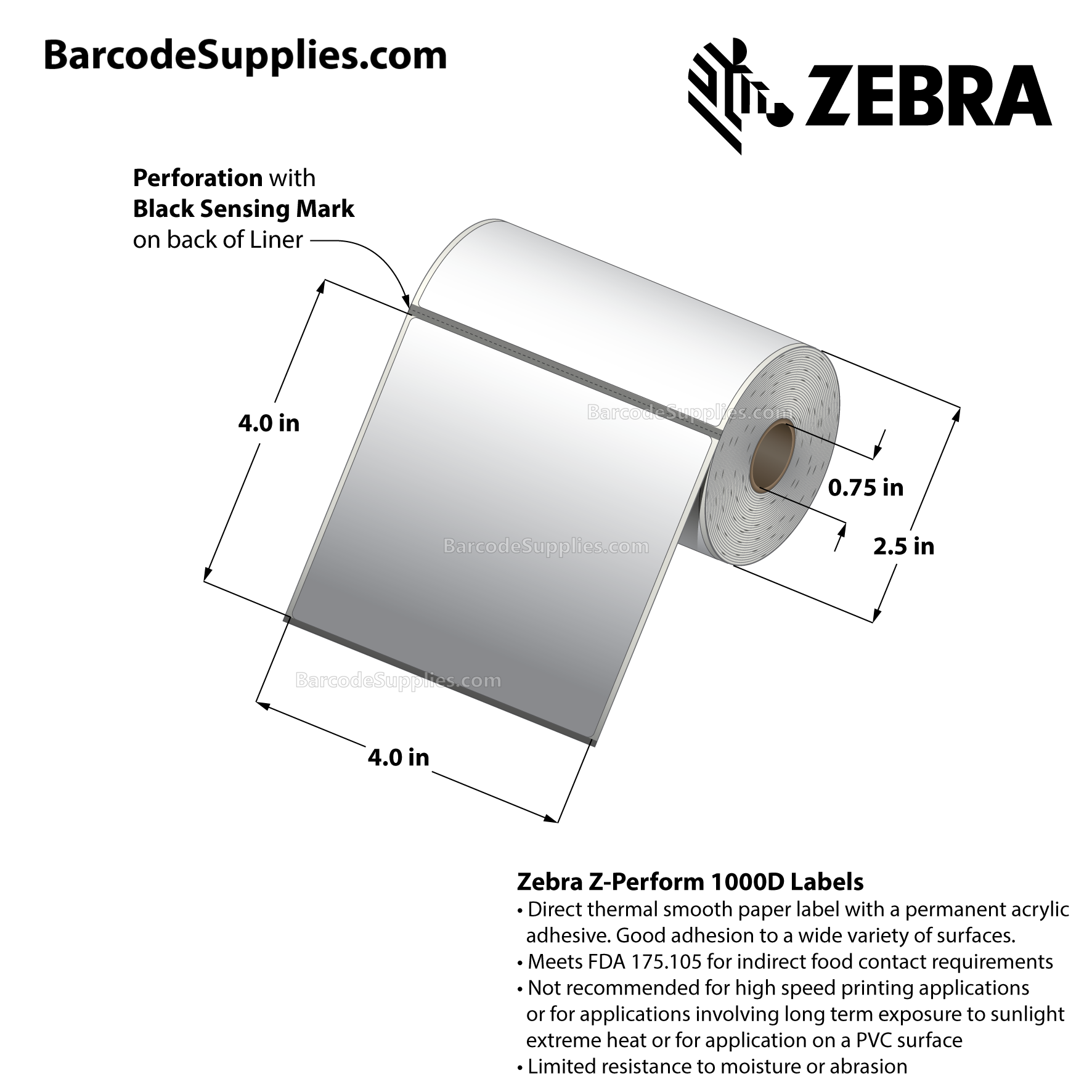 4 x 4 Direct Thermal White Z-Perform 1000D Labels With Permanent Adhesive - Black mark sensing - Perforated - 160 Labels Per Roll - Carton Of 36 Rolls - 5760 Labels Total - MPN: LD-R3AK5B