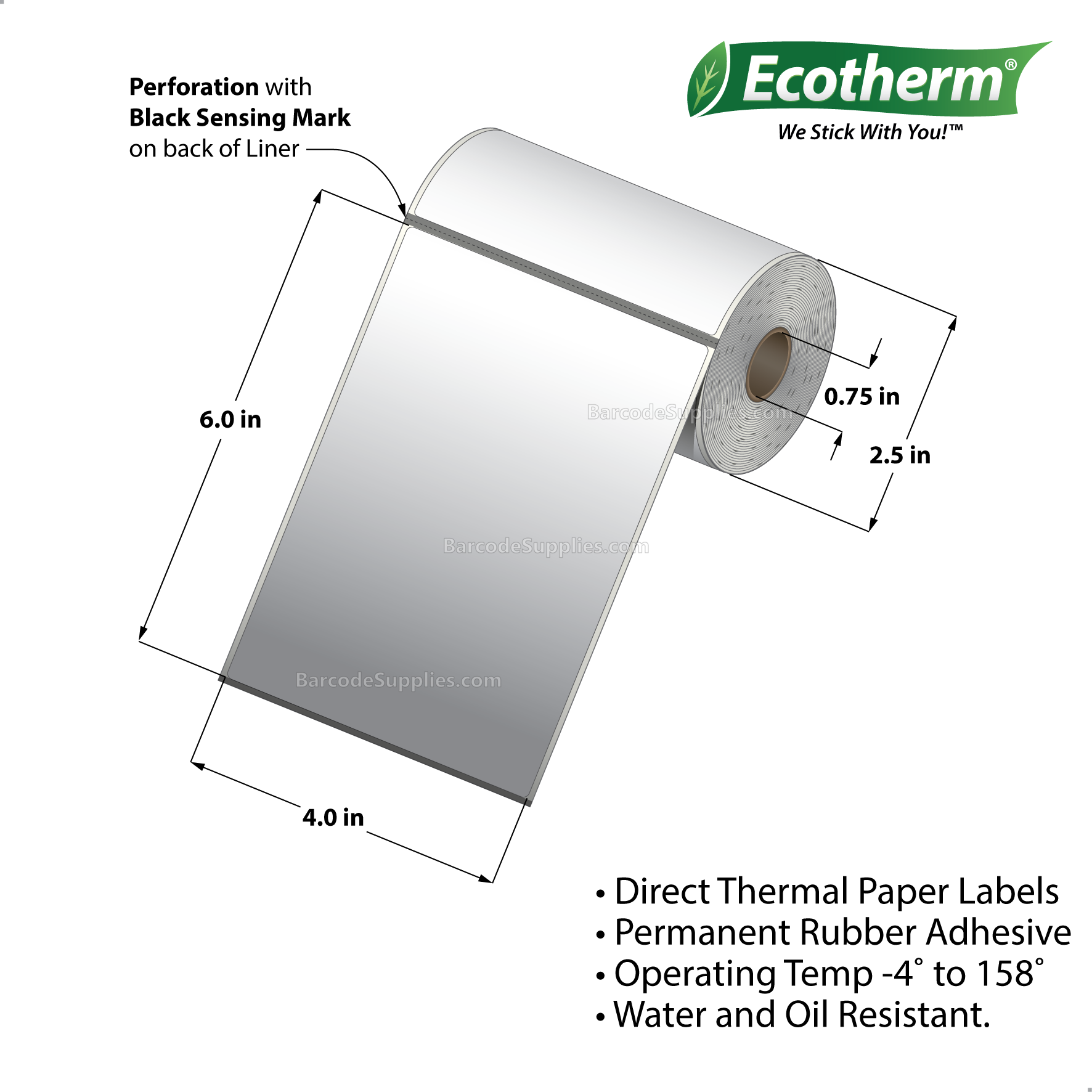 Products 4 x 6 Direct Thermal White Labels With Rubber Adhesive - Perforated - 105 Labels Per Roll - Carton Of 36 Rolls - 3780 Labels Total - MPN: ECOTHERM13108-36