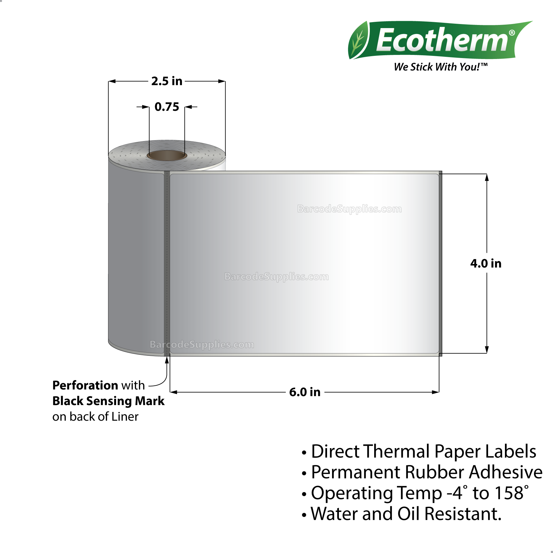 Products 4 x 6 Direct Thermal White Labels With Rubber Adhesive - Perforated - 105 Labels Per Roll - Carton Of 36 Rolls - 3780 Labels Total - MPN: ECOTHERM13108-36