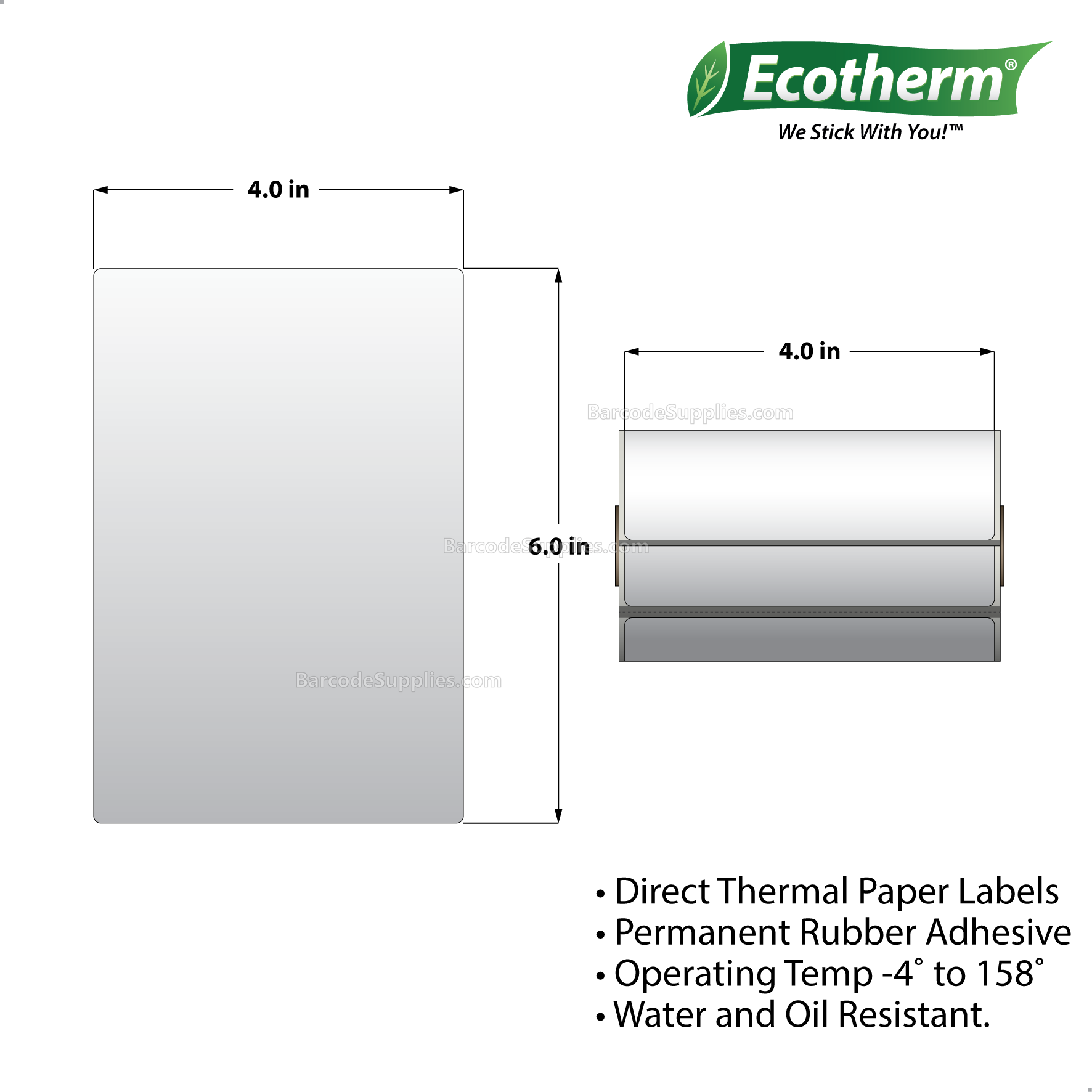 Products 4 x 6 Direct Thermal White Labels With Rubber Adhesive - Perforated - 105 Labels Per Roll - Carton Of 36 Rolls - 3780 Labels Total - MPN: ECOTHERM13108-36