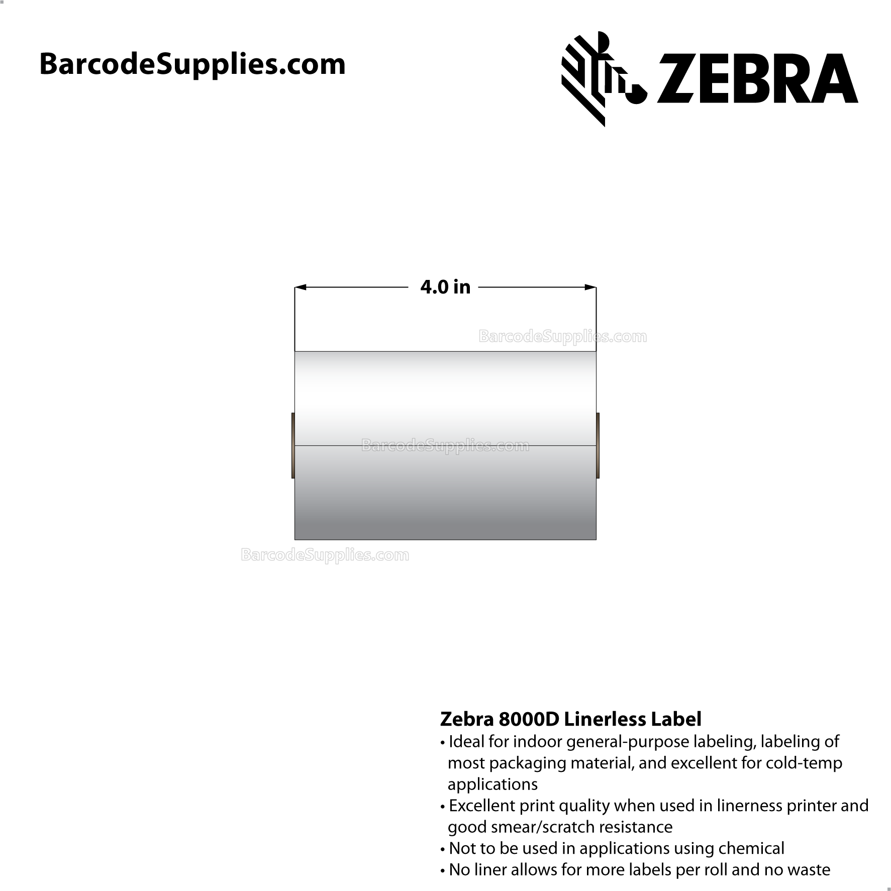 Products 4 x 85' Direct Thermal White 8000D Linerless Labels With Permanent Adhesive - Requires linerless roller - Continuous - Labels Per Roll - Carton Of 20 Rolls - 0 Labels Total - MPN: LD-R4LF5P