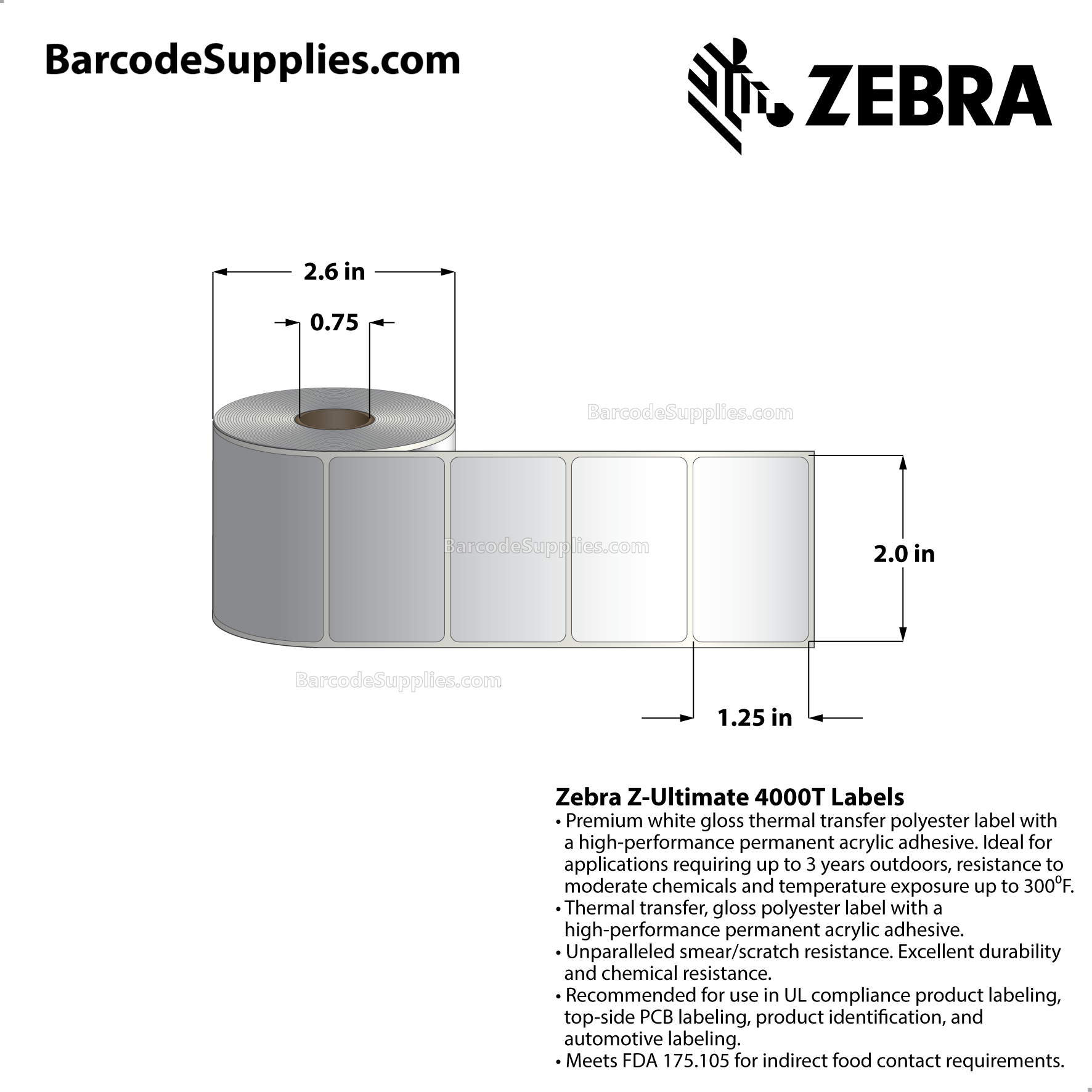 2 x 1.25 Thermal Transfer White Z-Ultimate 4000T Labels With Permanent Adhesive - Not Perforated - 520 Labels Per Roll - Carton Of 12 Rolls - 6240 Labels Total - MPN: 10010073