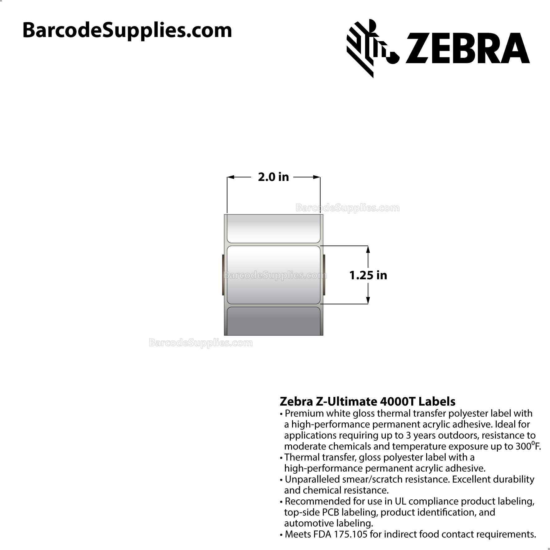 2 x 1.25 Thermal Transfer White Z-Ultimate 4000T Labels With Permanent Adhesive - Not Perforated - 520 Labels Per Roll - Carton Of 12 Rolls - 6240 Labels Total - MPN: 10010073