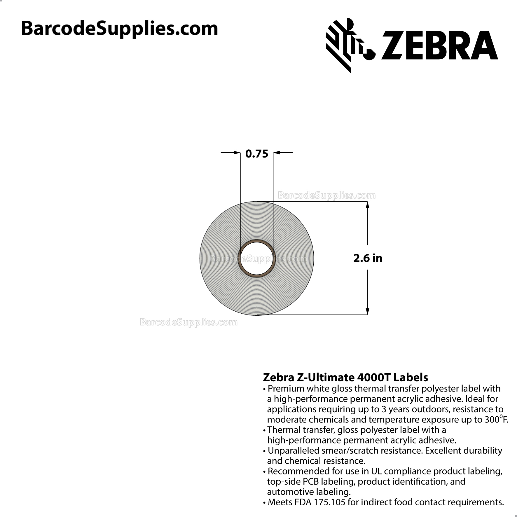 2 x 1.25 Thermal Transfer White Z-Ultimate 4000T Labels With Permanent Adhesive - Not Perforated - 520 Labels Per Roll - Carton Of 12 Rolls - 6240 Labels Total - MPN: 10010073