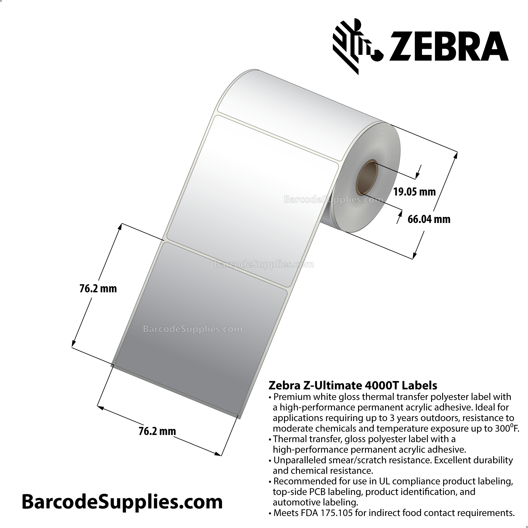 3 x 3 Thermal Transfer White Z-Ultimate 4000T Labels With Permanent Adhesive - Not Perforated - 230 Labels Per Roll - Carton Of 12 Rolls - 2760 Labels Total - MPN: 10008551
