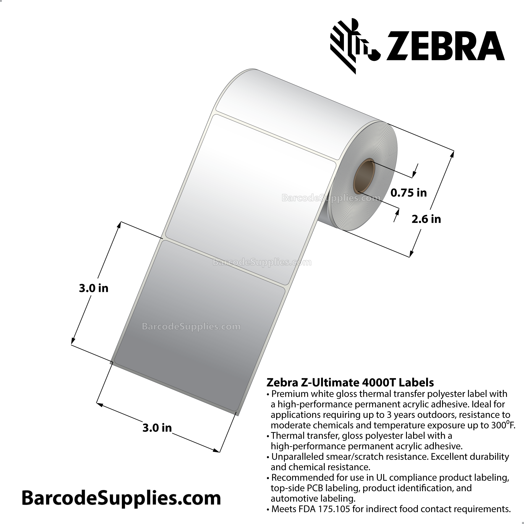 3 x 3 Thermal Transfer White Z-Ultimate 4000T Labels With Permanent Adhesive - Not Perforated - 230 Labels Per Roll - Carton Of 12 Rolls - 2760 Labels Total - MPN: 10008551