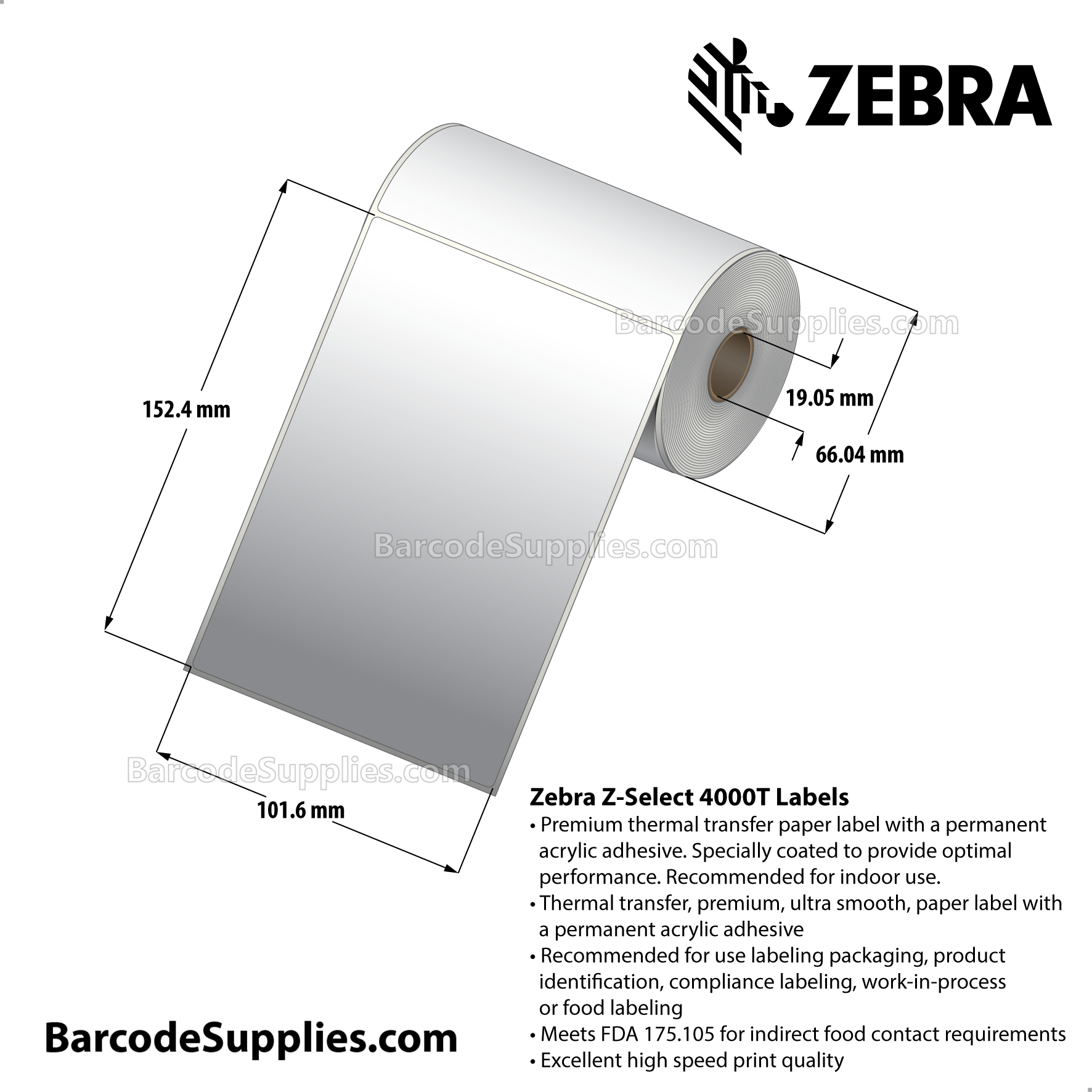 4 x 6 Thermal Transfer White Z-Select 4000T Labels With Permanent Adhesive - Not Perforated - 110 Labels Per Roll - Carton Of 16 Rolls - 1760 Labels Total - MPN: 10008549