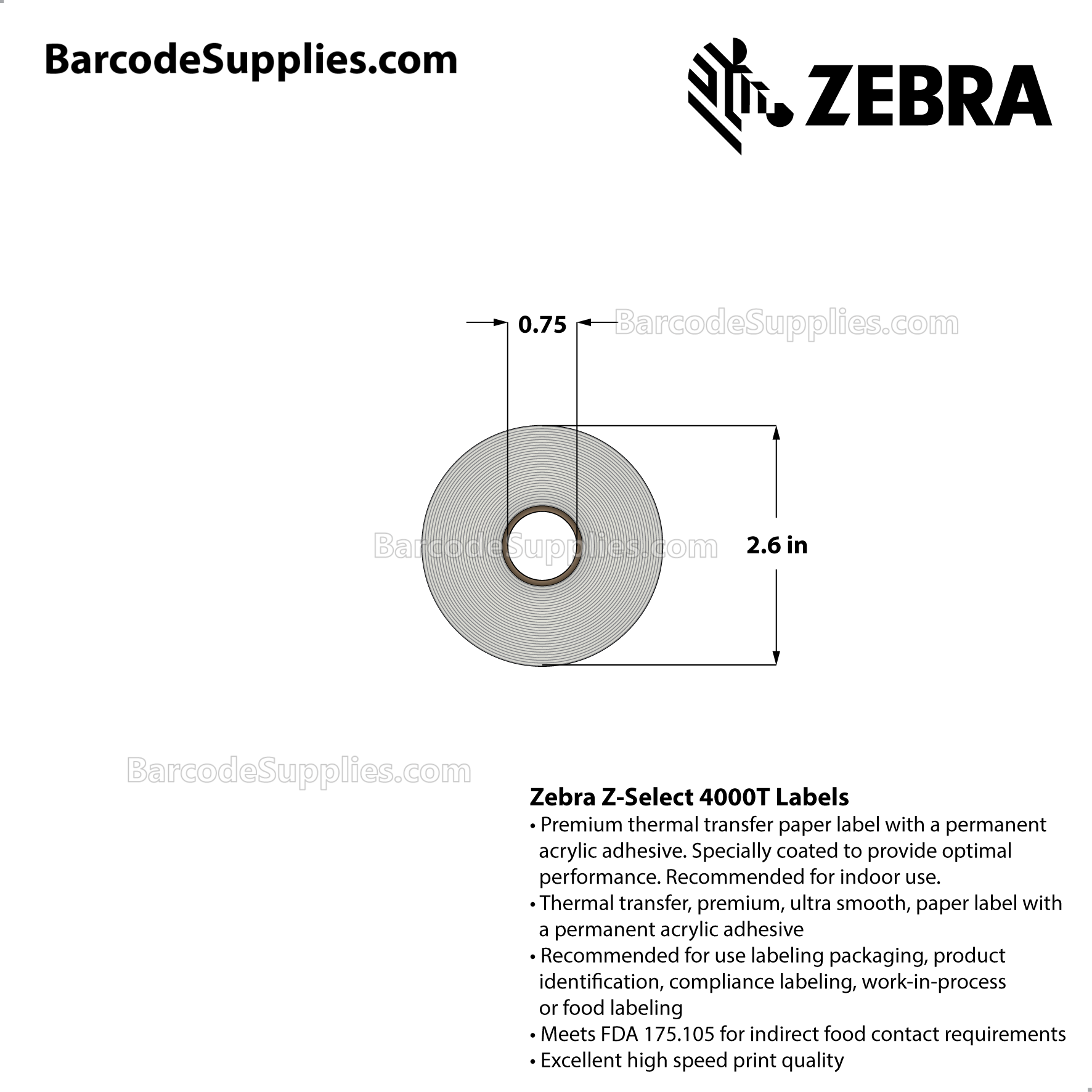 4 x 6 Thermal Transfer White Z-Select 4000T Labels With Permanent Adhesive - Not Perforated - 110 Labels Per Roll - Carton Of 16 Rolls - 1760 Labels Total - MPN: 10008549