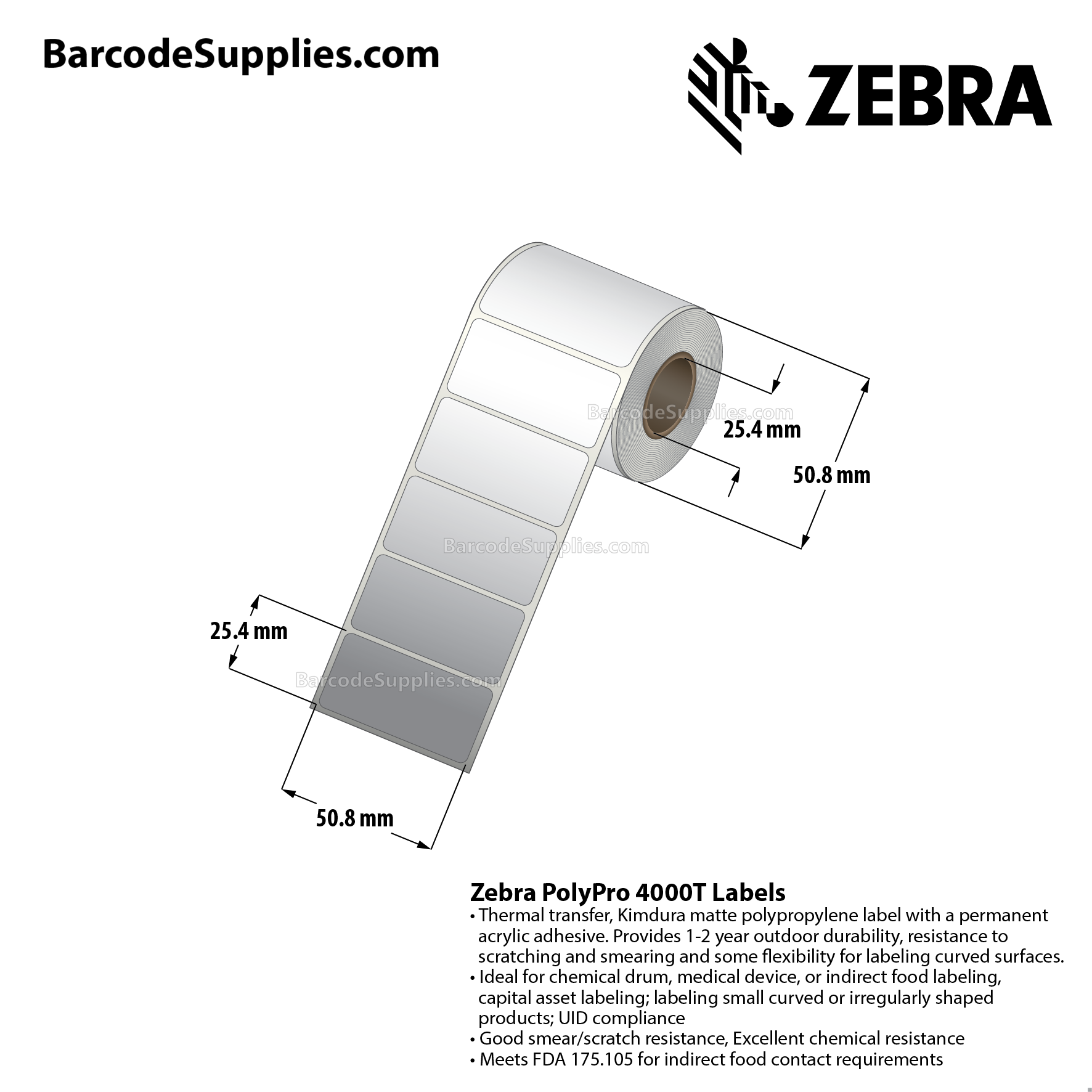 2 x 1 Thermal Transfer White PolyPro 4000T Labels With Permanent Adhesive - Not Perforated - 260 Labels Per Roll - Carton Of 12 Rolls - 3120 Labels Total - MPN: 82414