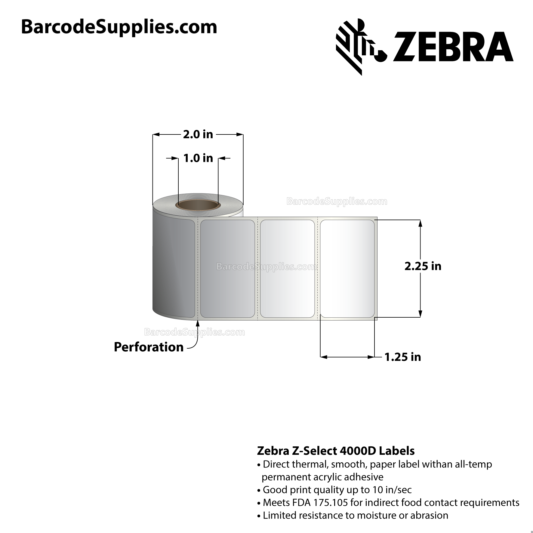 2.25 x 1.25 Direct Thermal White Z-Select 4000D Labels With All-Temp Adhesive - Perforated - 260 Labels Per Roll - Carton Of 12 Rolls - 3120 Labels Total - MPN: 800322-125