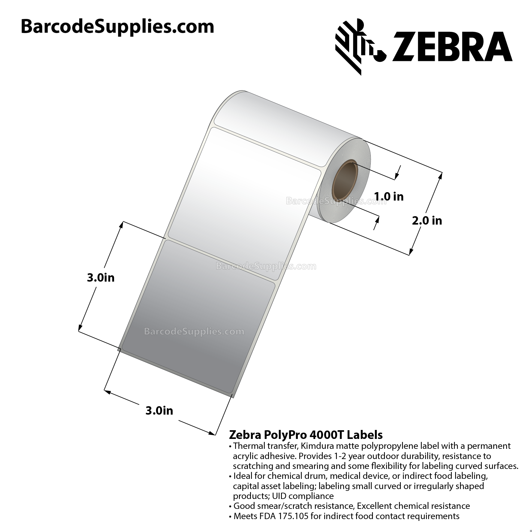 3 x 3 Thermal Transfer White PolyPro 4000T Labels With Permanent Adhesive - Not Perforated - 90 Labels Per Roll - Carton Of 12 Rolls - 1080 Labels Total - MPN: 82413