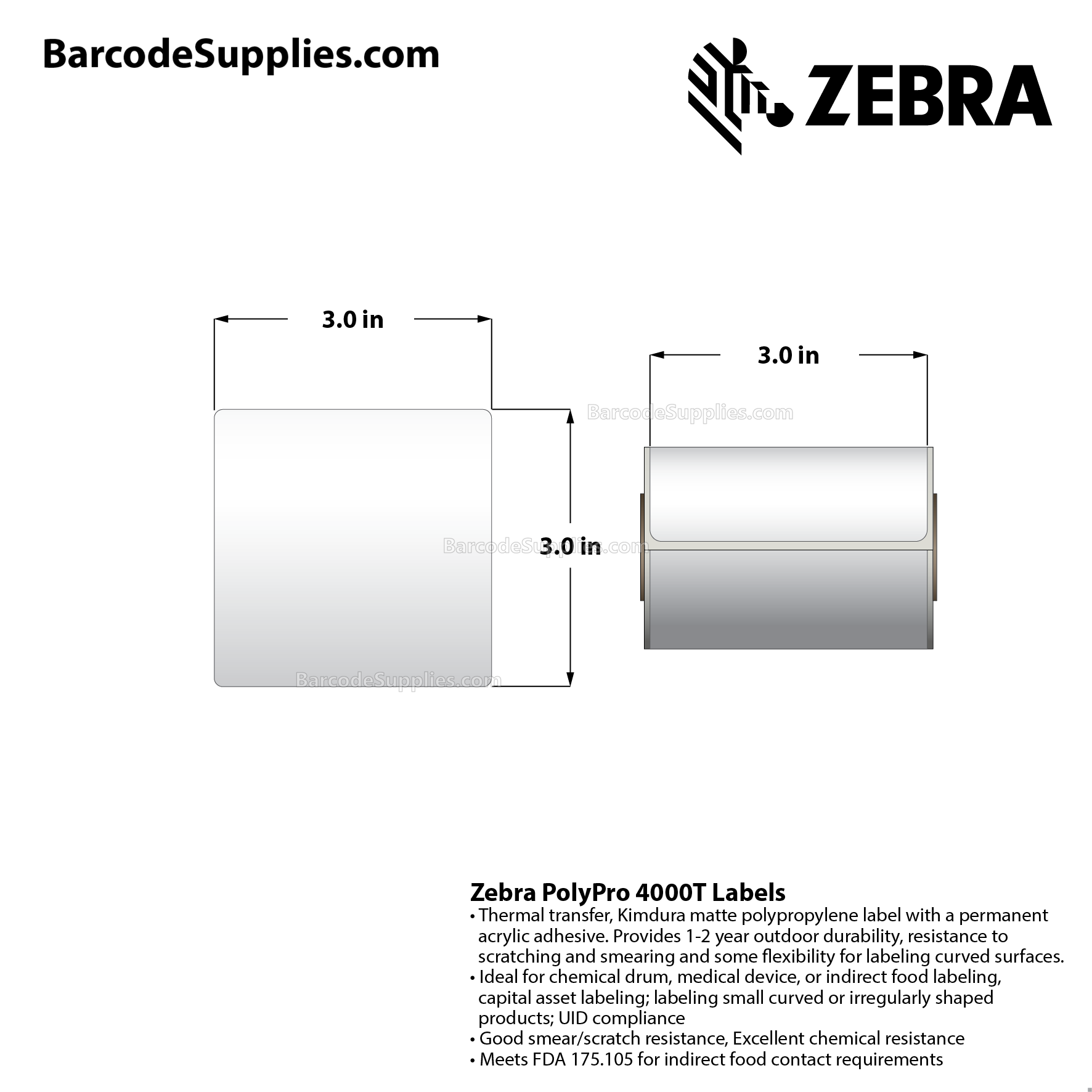 3 x 3 Thermal Transfer White PolyPro 4000T Labels With Permanent Adhesive - Not Perforated - 90 Labels Per Roll - Carton Of 12 Rolls - 1080 Labels Total - MPN: 82413