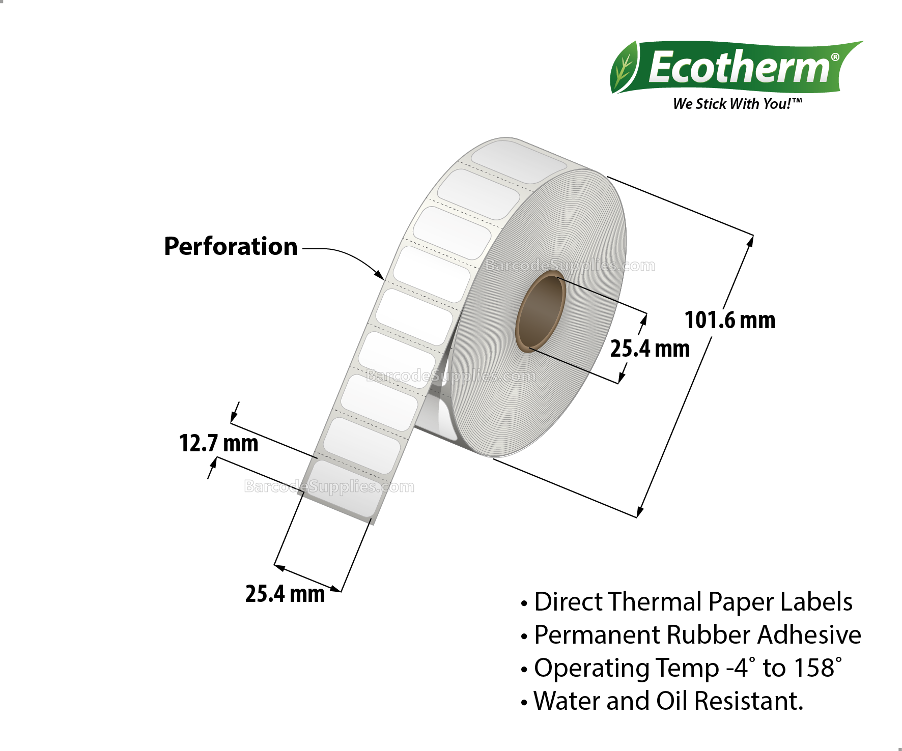 1 x 0.5 Direct Thermal White Labels With Rubber Adhesive - Perforated - 2450 Labels Per Roll - Carton Of 4 Rolls - 9800 Labels Total - MPN: ECOTHERM14118-4