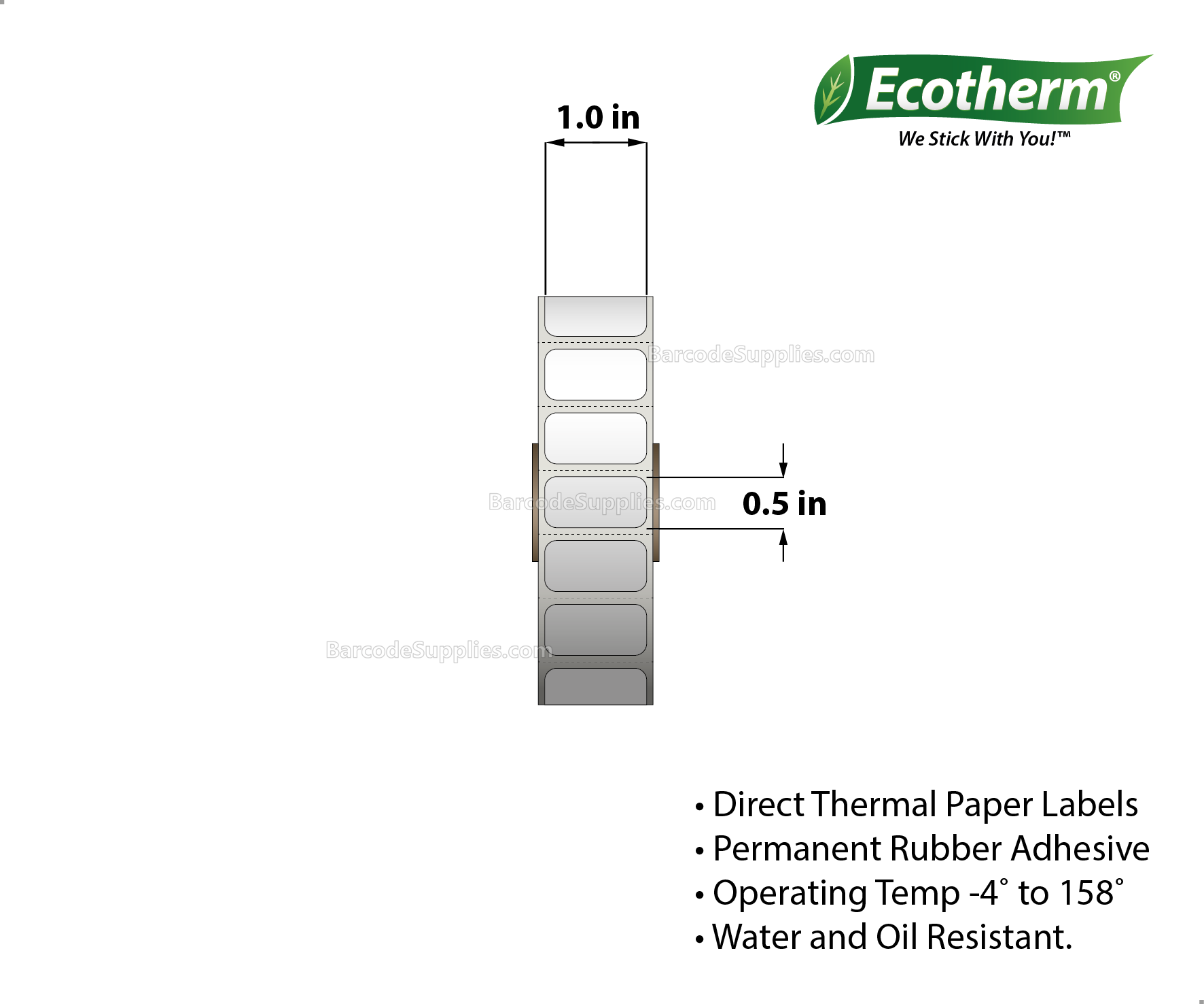 1 x 0.5 Direct Thermal White Labels With Rubber Adhesive - Perforated - 2450 Labels Per Roll - Carton Of 4 Rolls - 9800 Labels Total - MPN: ECOTHERM14118-4