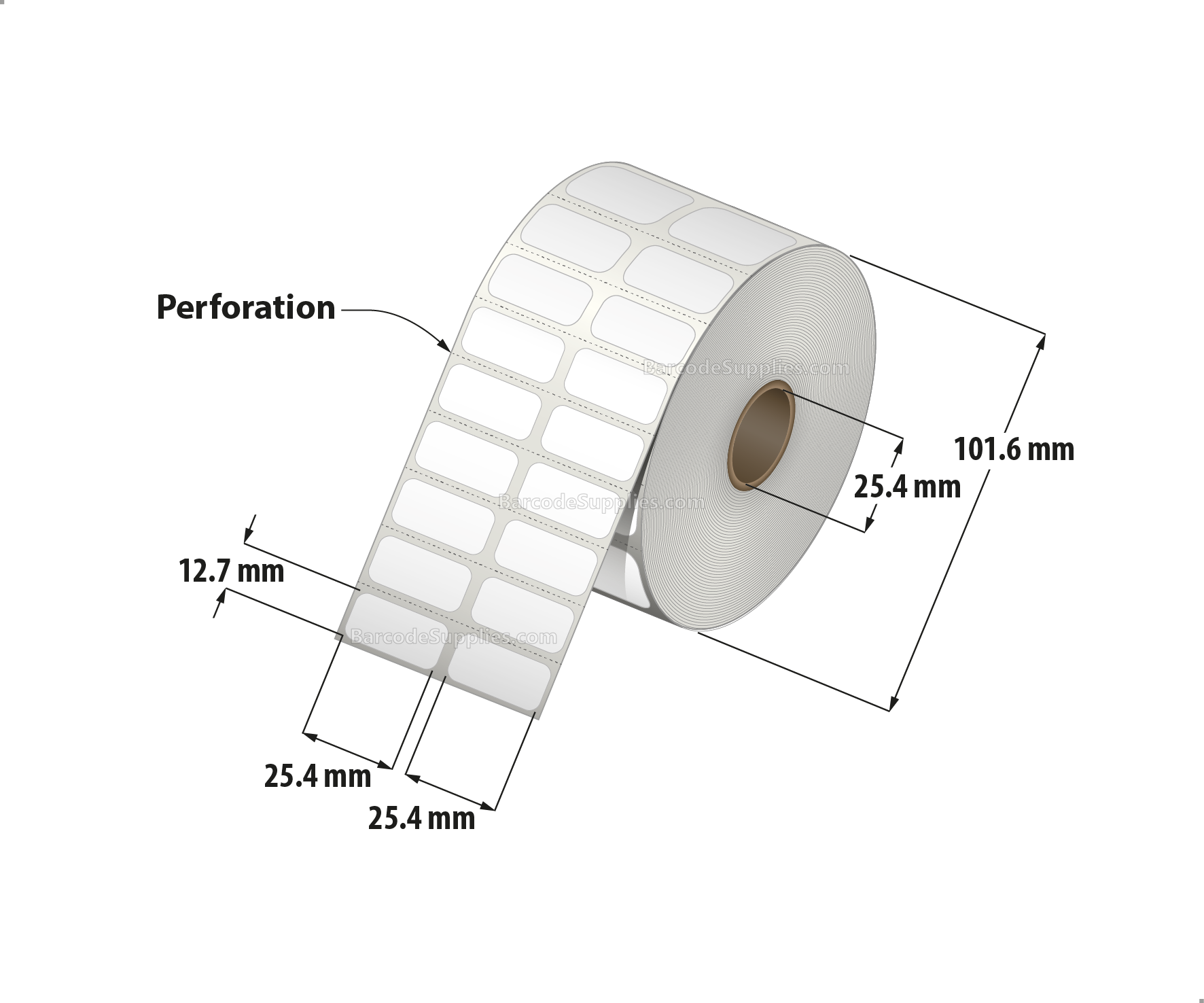 1 x 0.5 Direct Thermal White Labels With Acrylic Adhesive - Perforated - 4900 Labels Per Roll - Carton Of 12 Rolls - 58800 Labels Total - MPN: RD-1-05-4900-1