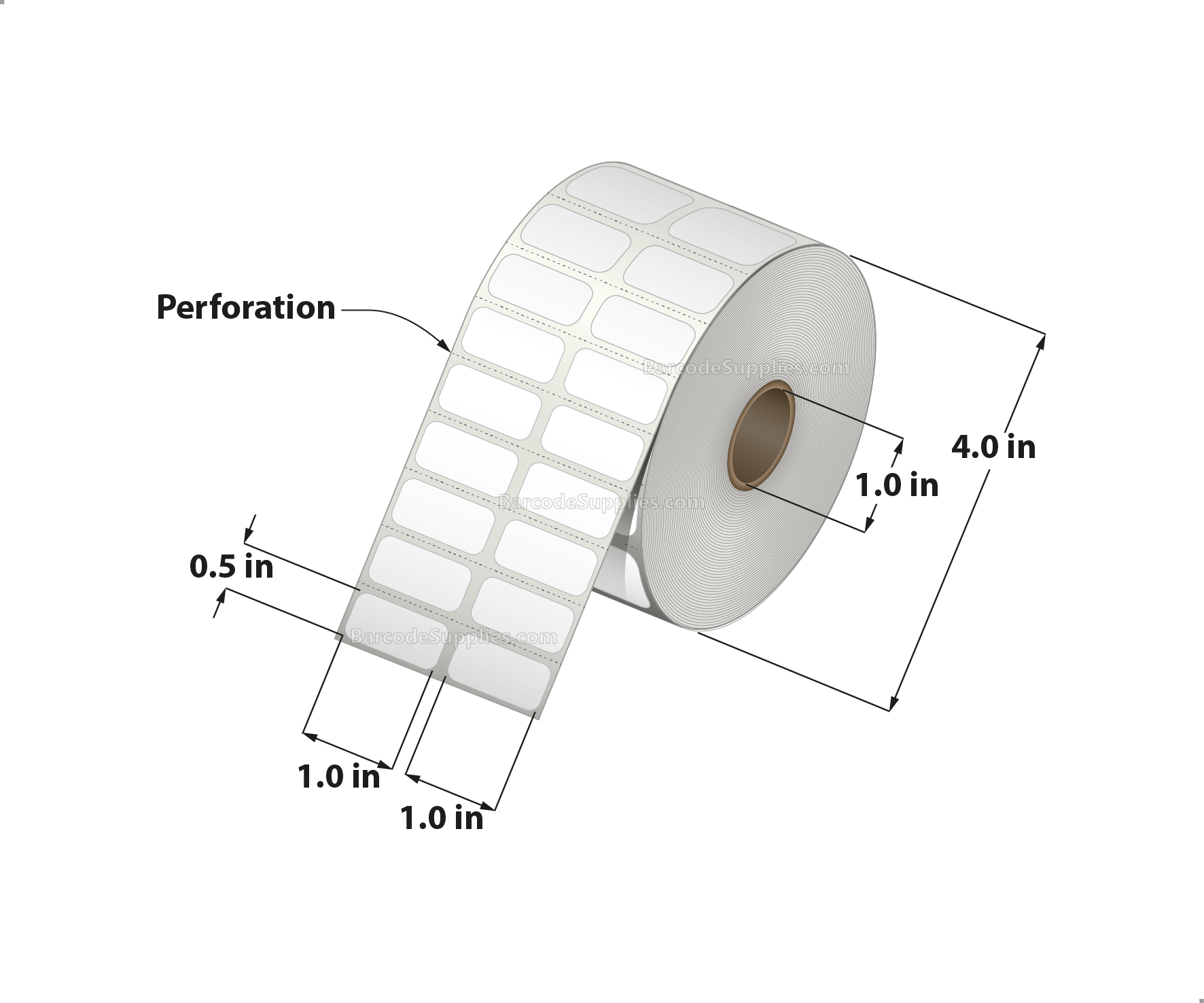 1 x 0.5 Direct Thermal White Labels With Acrylic Adhesive - Perforated - 4900 Labels Per Roll - Carton Of 12 Rolls - 58800 Labels Total - MPN: RD-1-05-4900-1