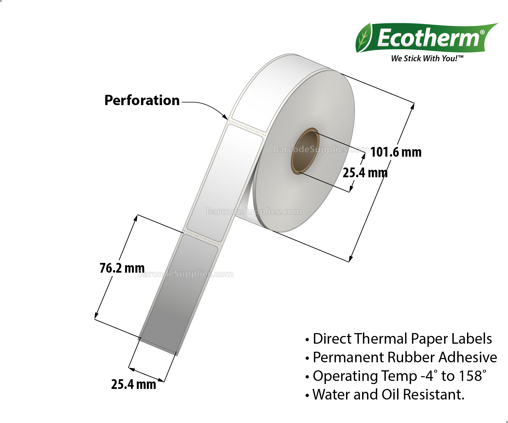 1 x 3 Direct Thermal White Labels With Rubber Adhesive - Perforated - 680 Labels Per Roll - Carton Of 4 Rolls - 2720 Labels Total - MPN: ECOTHERM14130-4