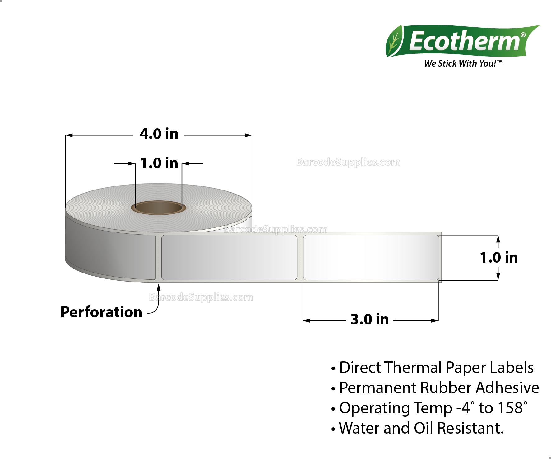 1 x 3 Direct Thermal White Labels With Rubber Adhesive - Perforated - 840 Labels Per Roll - Carton Of 6 Rolls - 5040 Labels Total - MPN: ECOTHERM15112-6