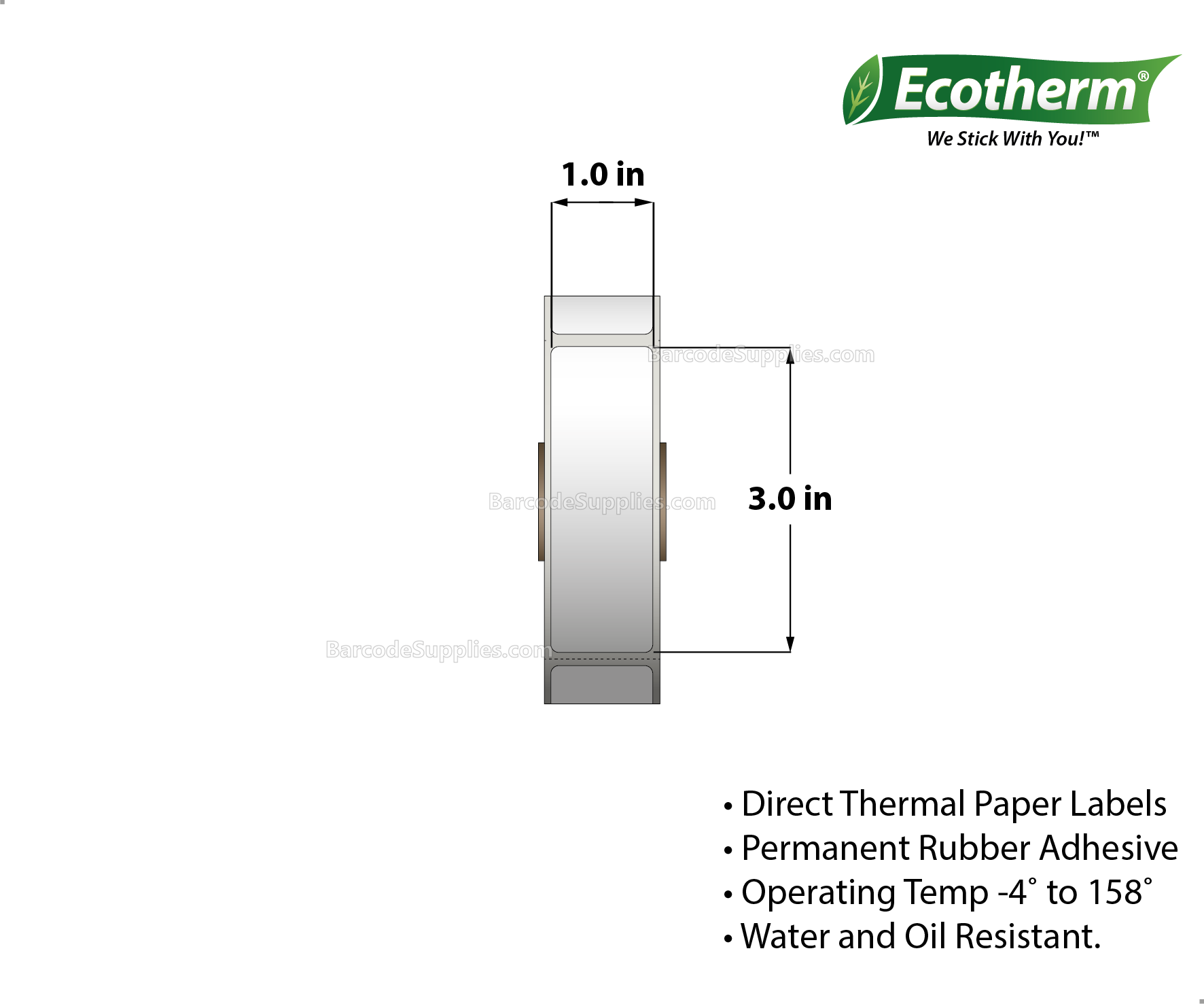1 x 3 Direct Thermal White Labels With Rubber Adhesive - Perforated - 680 Labels Per Roll - Carton Of 4 Rolls - 2720 Labels Total - MPN: ECOTHERM14130-4