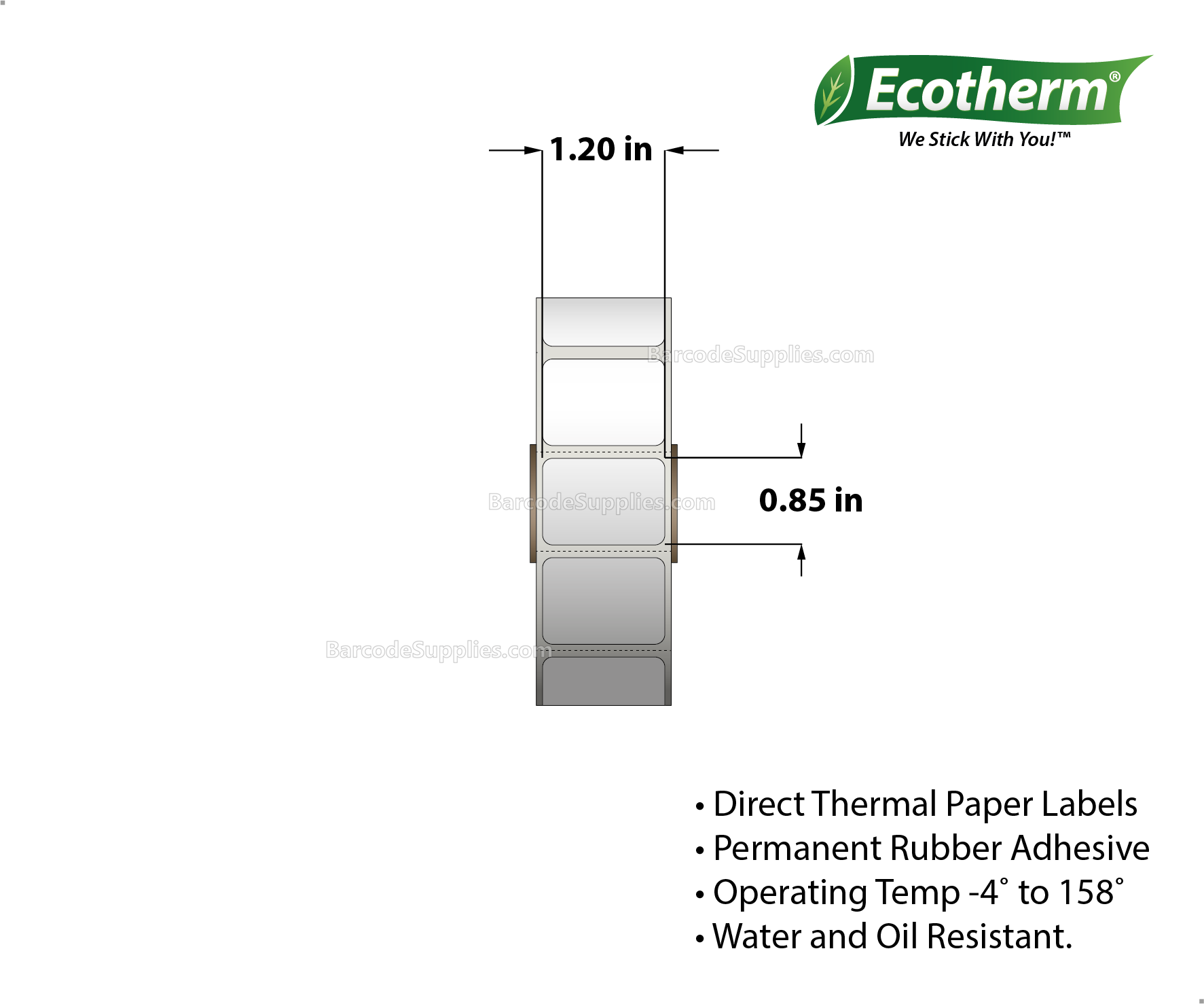 1.2 x 0.85 Direct Thermal White Labels With Rubber Adhesive - Perforated - 2200 Labels Per Roll - Carton Of 4 Rolls - 8800 Labels Total - MPN: ECOTHERM14131-4