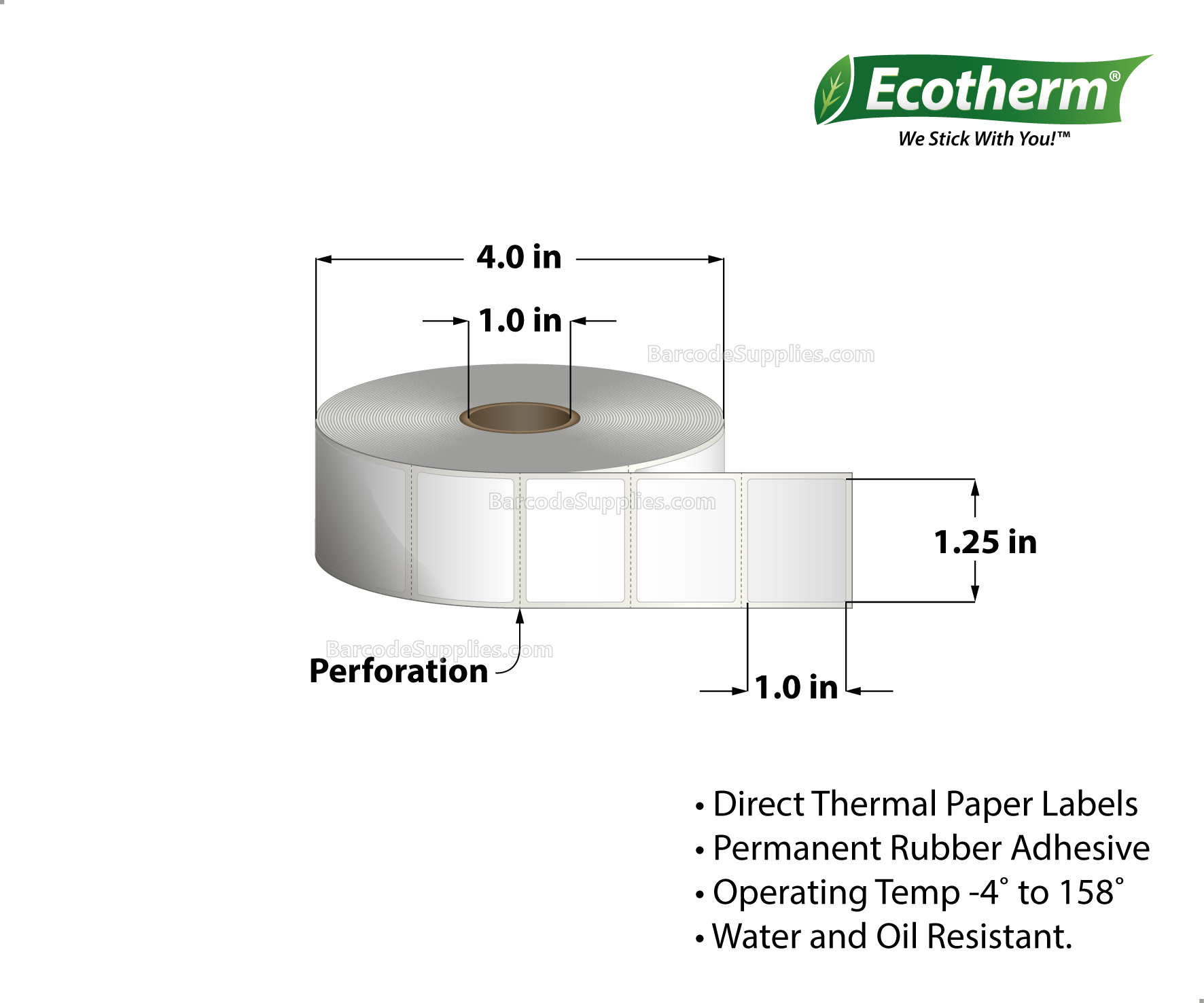 1.25x1 Direct Thermal White Labels With Rubber Adhesive - Perforated - 1380 Labels Per Roll - Carton Of 4 Rolls - 5,520 Labels Total - MPN: ECOTHERM14136-4