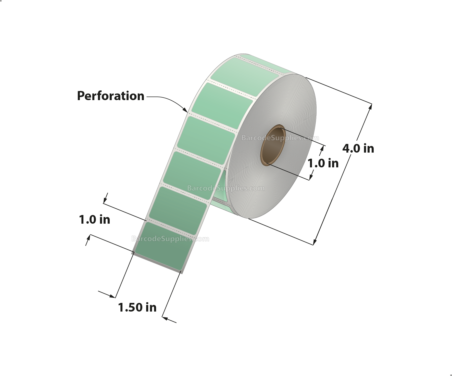 1.5 x 1 Direct Thermal Green Labels With Acrylic Adhesive - Perforated - 1375 Labels Per Roll - Carton Of 12 Rolls - 16500 Labels Total - MPN: RD-15-1-1375-GR