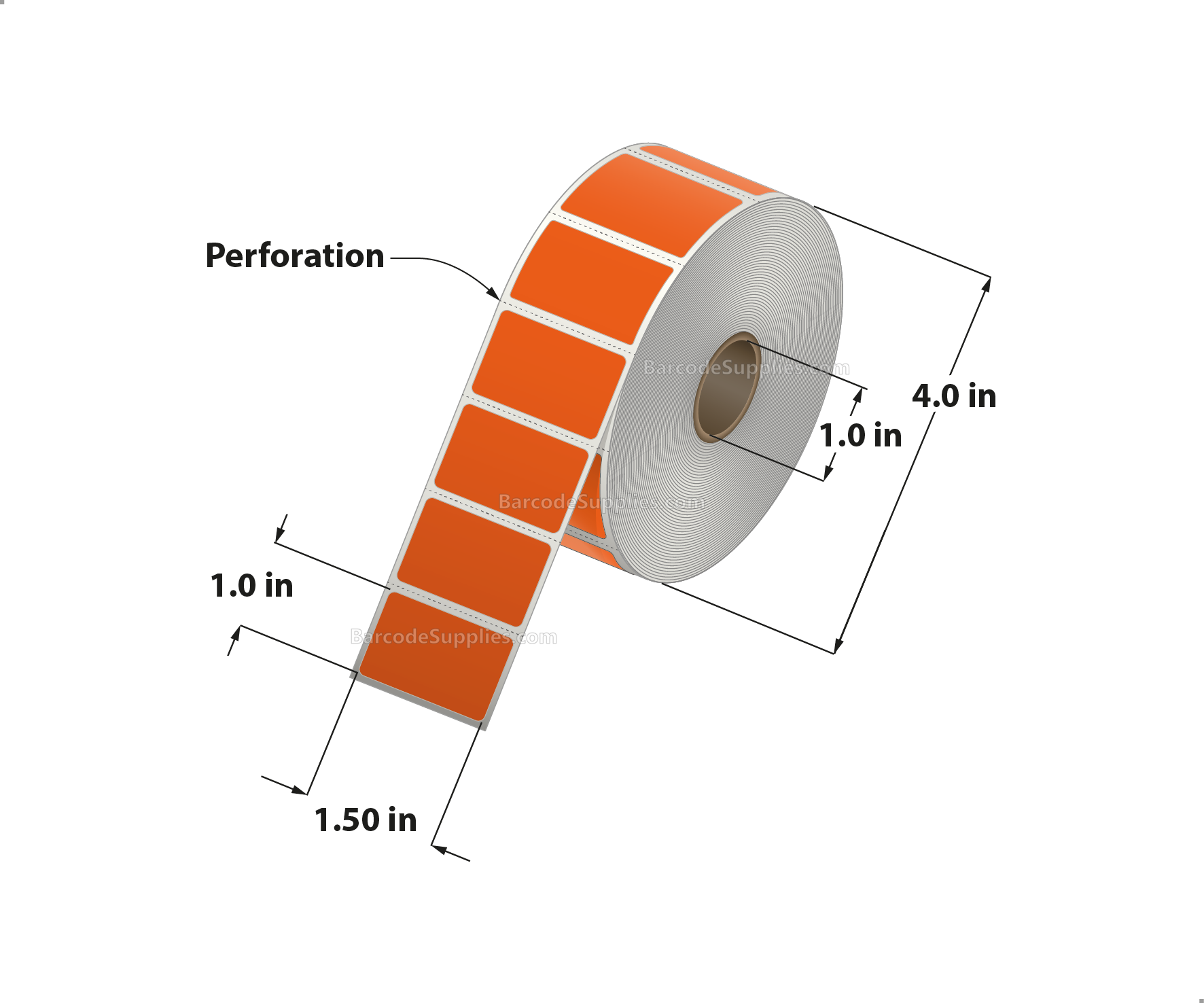 1.5 x 1 Direct Thermal Orange Labels With Acrylic Adhesive - Perforated - 1375 Labels Per Roll - Carton Of 12 Rolls - 16500 Labels Total - MPN: RD-15-1-1375-OR