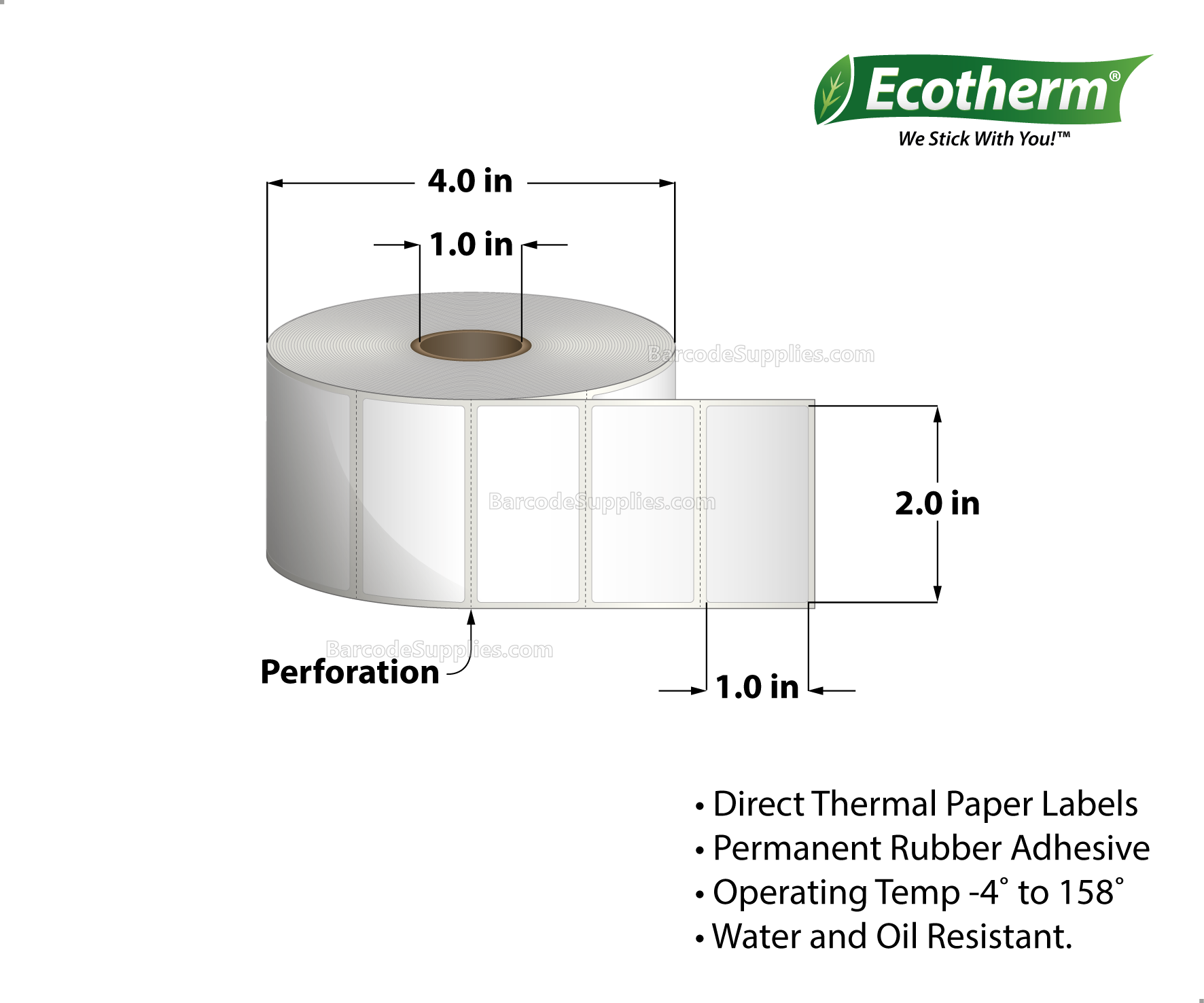 2 x 1 Direct Thermal White Labels With Rubber Adhesive - Perforated - 1400 Labels Per Roll - Carton Of 4 Rolls - 5600 Labels Total - MPN: ECOTHERM14120-4