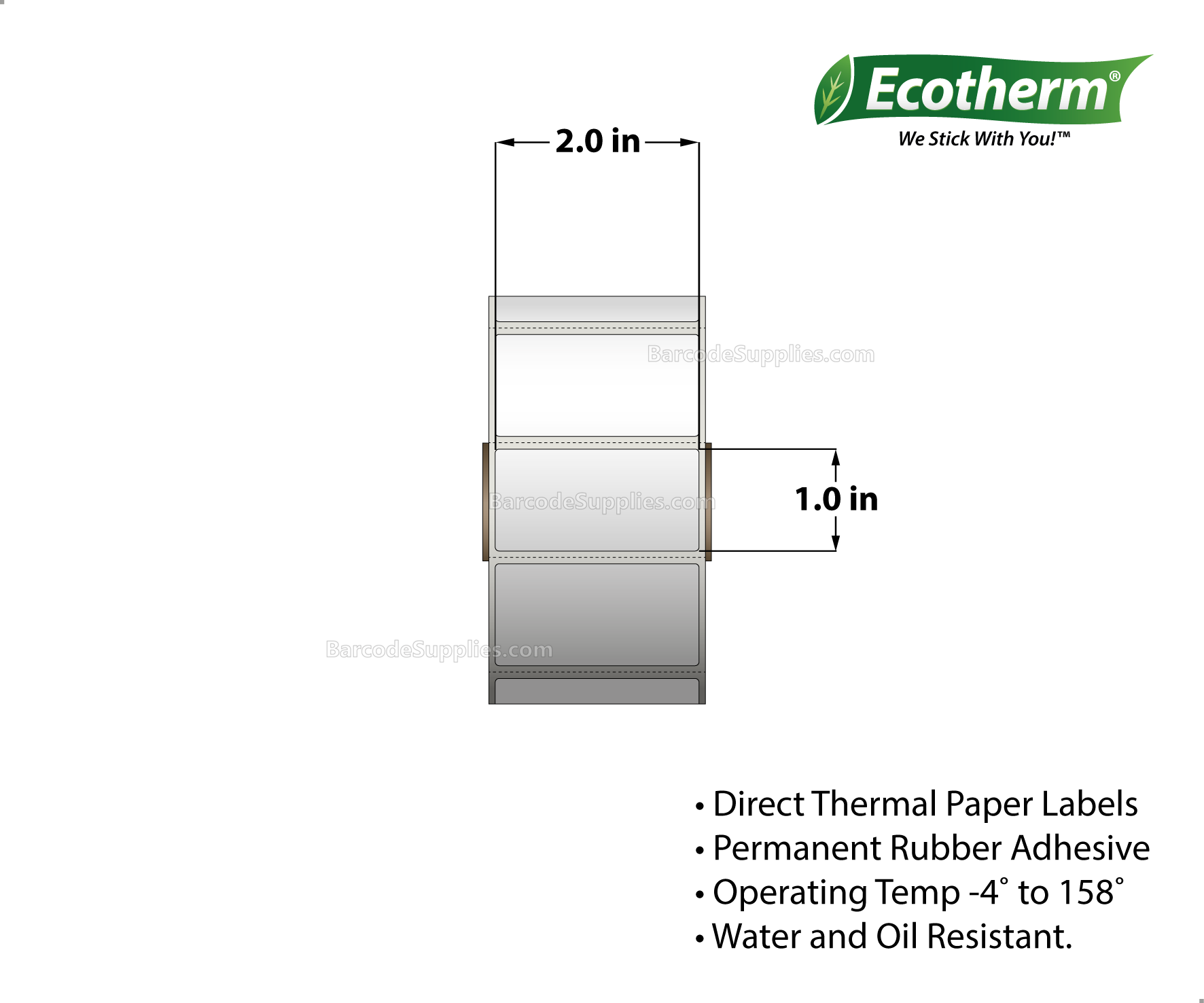 2 x 1 Direct Thermal White Labels With Rubber Adhesive - Perforated - 1400 Labels Per Roll - Carton Of 4 Rolls - 5600 Labels Total - MPN: ECOTHERM14120-4
