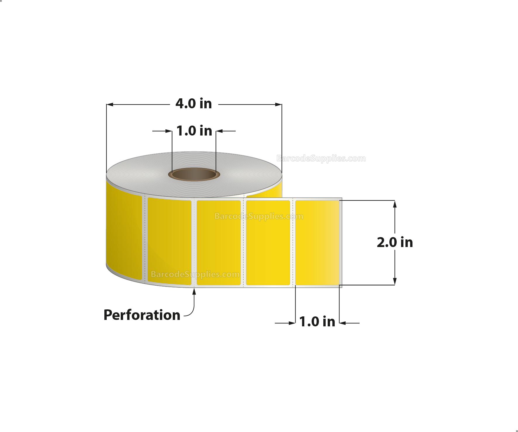 2 x 1 Direct Thermal Yellow Labels With Acrylic Adhesive - Perforated - 1375 Labels Per Roll - Carton Of 12 Rolls - 16500 Labels Total - MPN: RD-2-1-1375-YL