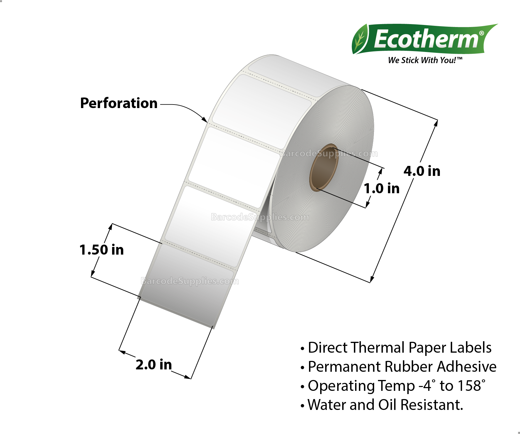 Products 2 x 1.5 Direct Thermal White Labels With Rubber Adhesive - Perforated - 1320 Labels Per Roll - Carton Of 4 Rolls - 5280 Labels Total - MPN: ECOTHERM14133-4