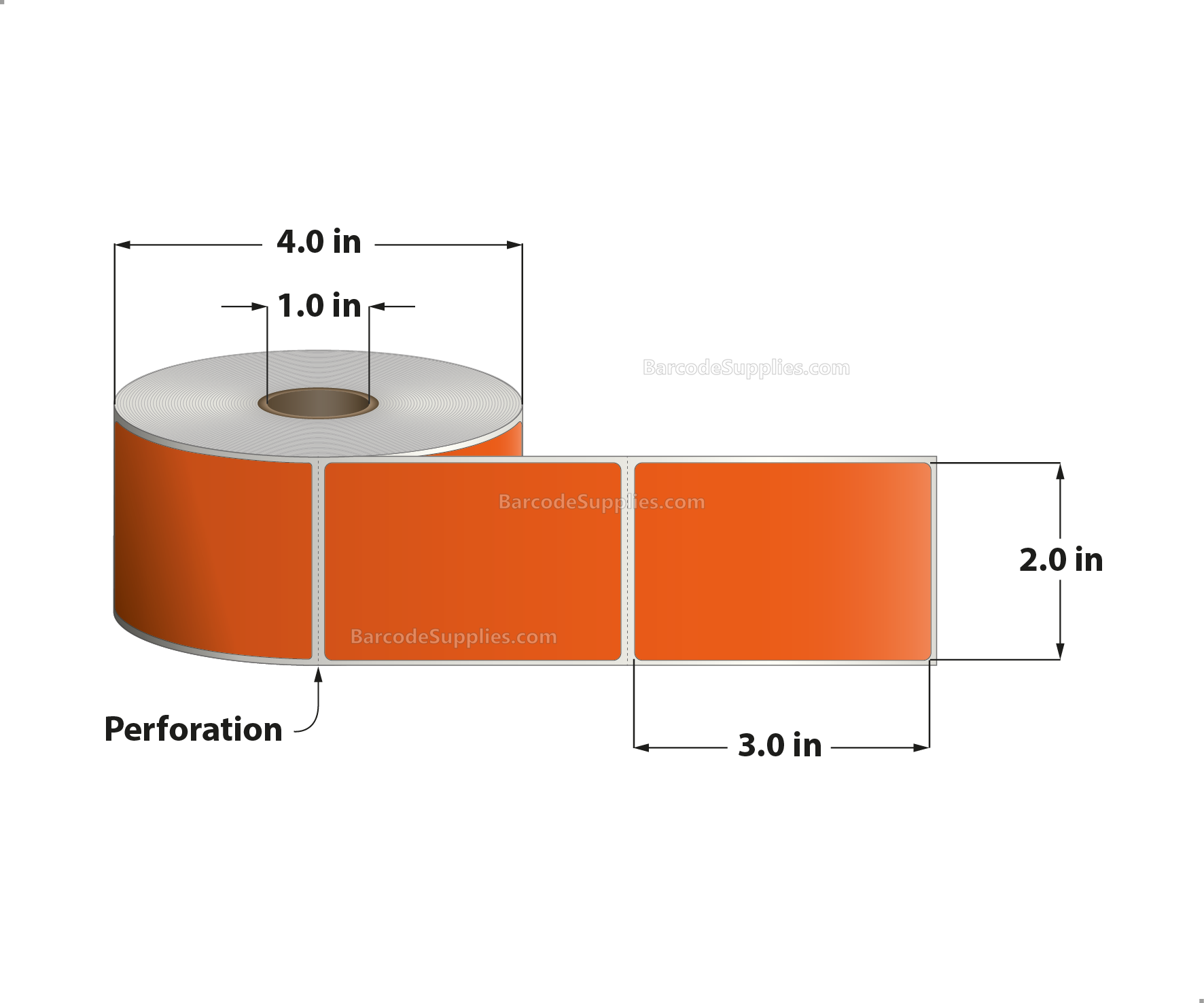 2 x 3 Direct Thermal Orange Labels With Acrylic Adhesive - Perforated - 500 Labels Per Roll - Carton Of 12 Rolls - 6000 Labels Total - MPN: RD-2-3-500-OR